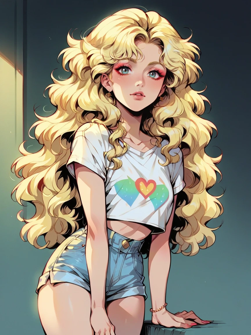 score_9, score_8_up, score_7_up, score_6_up, score_5_up, makeup, wavy hair, <lora:v1nv1xXLP:1> v1nv1x, 1girl, blonde hair, curvy, looking at viewer, denim shorts, crop top