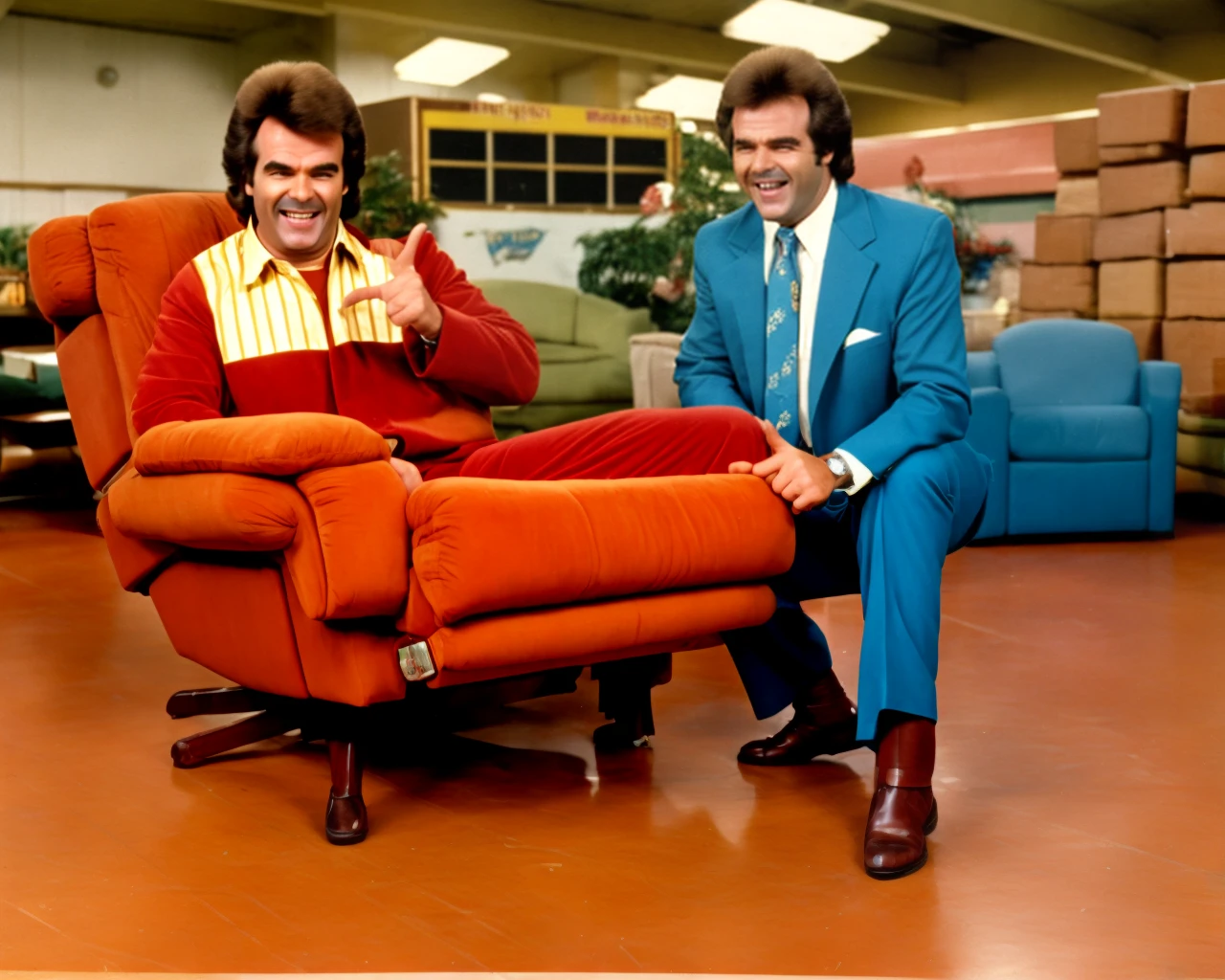 1980s commercial, warehouse, a man in a large suit is pointing at a recliner, linoleum floor, wood trim