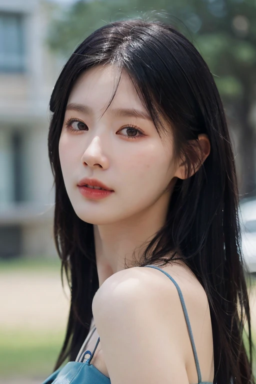 masterpiece, best quality, ultra-detailed, ultra high res, (photorealistic:1.4), raw photo, (realistic:0.2), 8k HDR, realistic lighting, 1girl, solo,  asymmetrical hair, outdoors, bokeh, (detailed lips), (detailed pores), (detailed skin textures), (detailed face:1.2), (upper body:1.3), simple dress,