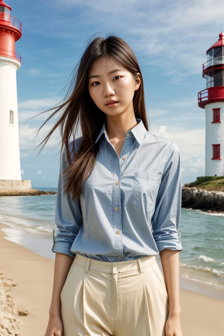 Asian woman, closeup, (shirt), pants, (beach lighthouse), (), (), KM_maharani, wide shoulders, perfect face, (contact iris: 1.1), pale skin, skin pores , depth of field