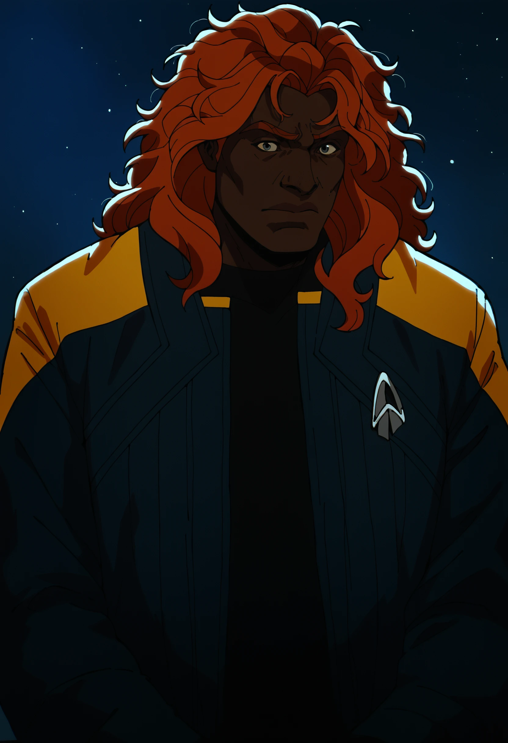 core_9, score_8_up, score_7_up ,score_6_up, man,dark skin,black skin,african,ghanian,ginger hair,longer hair,messy hair,space station interrior,
pcdjck,Star trek jacket,yellow shoulders,black shirt
,<lora:PicardJacketPony>