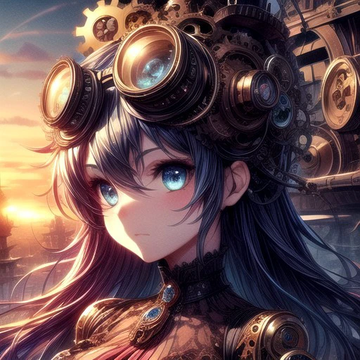 Cogs and gears, steam punk, Victorian fantasy,,colorful, vibrant, 1girl, long voluminous hair, beautiful blue eyes, goggles on forehead, curious expression, (riding on a sky ship:.7), smog covered sun, rising steam effects, masterpiece, best quality, ultra detailed, absurdres, 8k uhd, warm soft lighting