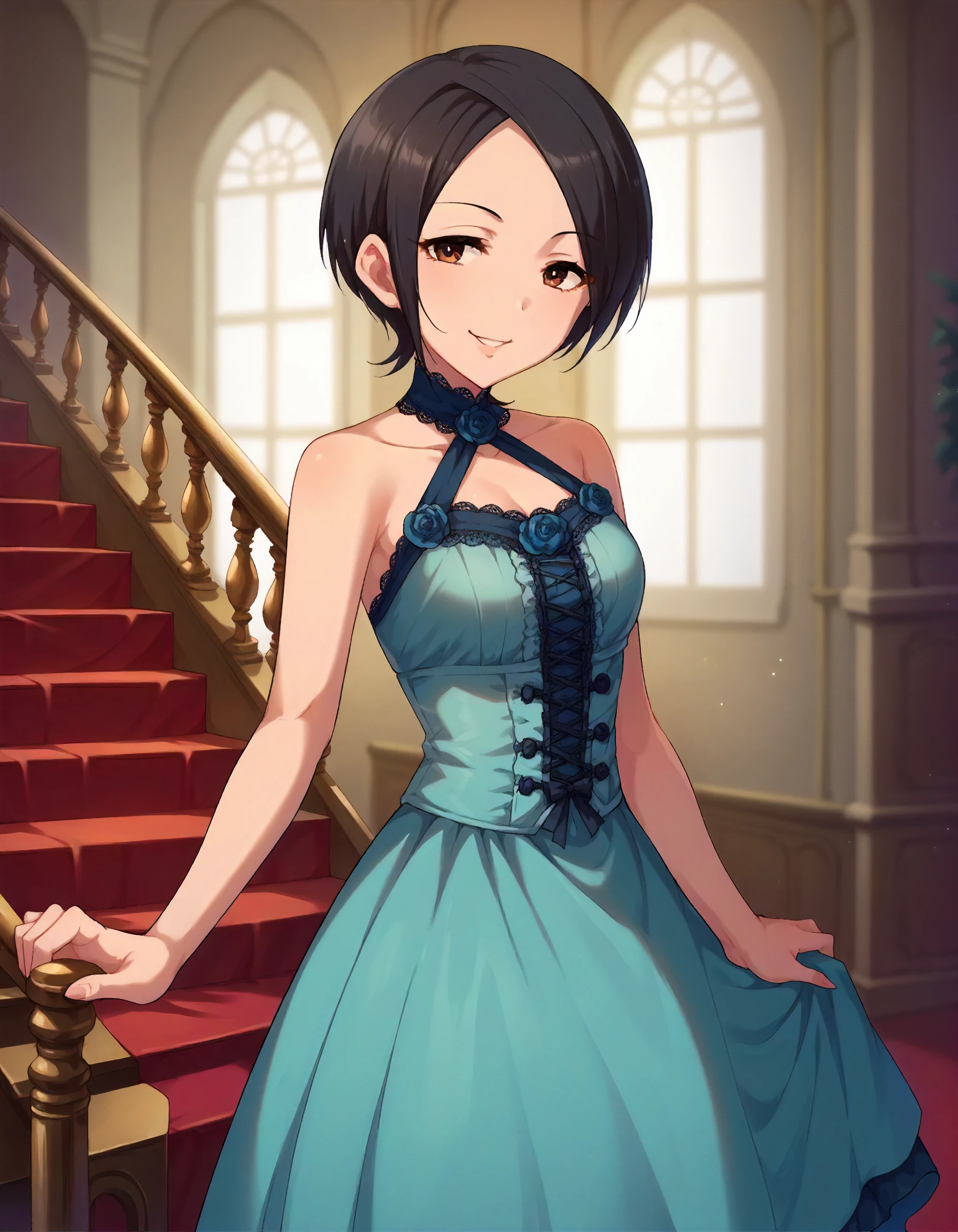 score_9,score_8_up,score_7_up,1girl,solo,standing,looking at viewer,smile,indoors,victorian,stair,blurry background,
<lora:tougouai_ponyXLV6:0.8>,cgtai,black hair,short hair,brown eyes,
cyan halter dress