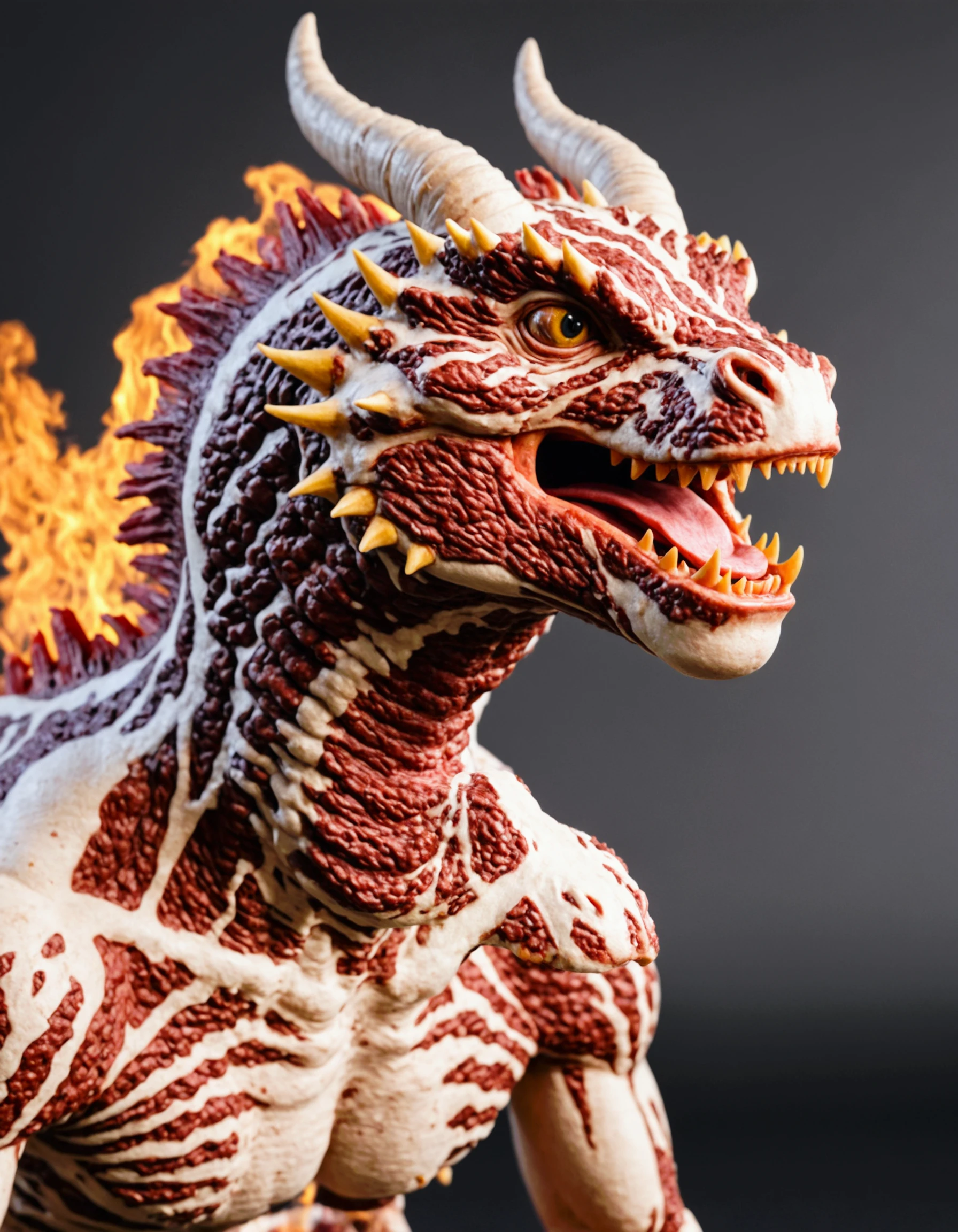 dragon made of wagyu, breathing fire, epic, fantasy,