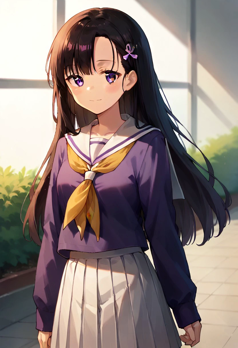 core_9, Score_8_up, Score_7_up, hitomi hino, long hair, black hair, hair ornament, (purple eyes: 1.2)   skirt, alone, school uniform, pleated skirt, serafuku, white skirt, shirt, purple shirt , sailor collar, white sailor collar, long sleeves, scarf, yellow, smile, (artwork: 0.8), (beautiful detailed eyes: 1.2), perfect lighting, extremely detailed CGI, (perfect anatomy; 1.2),( standing; 1.2)