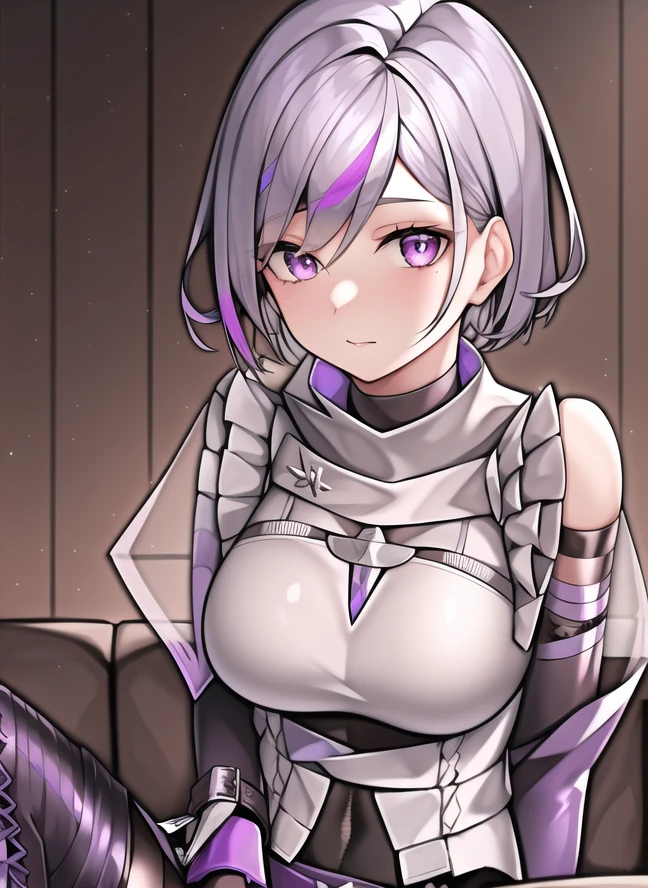 <lora:Contender_Girls_Frontline:0.84> Contender, 1girl, two tone hair, silver hair, short hair, streaked hair, asymetrical hair, purple streak in hair, purple eyes, high collar, gray top, transparent sleeves, elbow gloves, purple gloves, purple shorts, lace-up boots, purple boots, boots thighhigh boots, black footwear, sitting on couch, living room setting, beige wall, best quality, masterpiece, detailed, 8K, uhd, (extremely detailed CG unity 8k wallpaper),(masterpiece), (best quality), (ultra-detailed), (best illustration), detailed face, skin pores, detailed skin, detailed eyes, high quality eyes, good quality hands, high resolution,