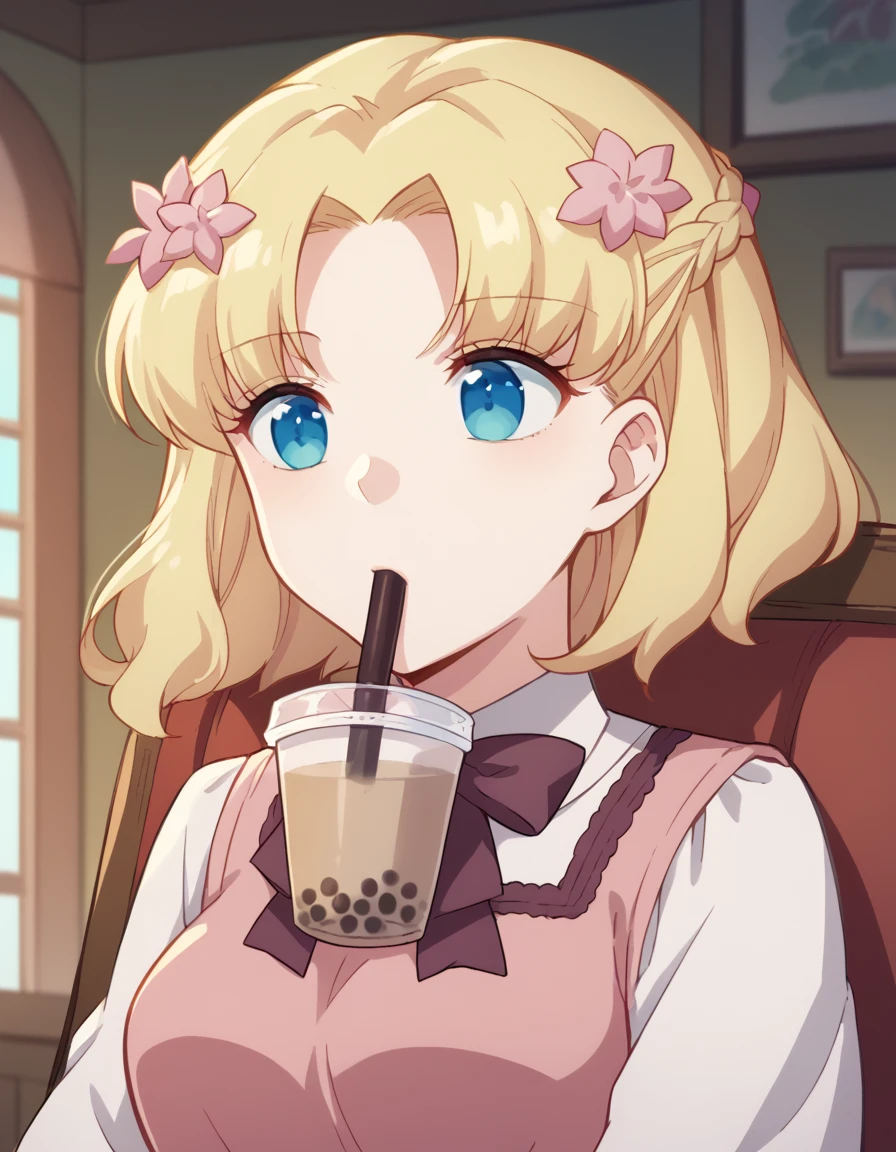 score_9, score_8_up, score_7_up, source_anime, <lora:maria-campbell-s2-ponyxl-lora-nochekaiser:1>, maria campbell, short hair, blue eyes, blonde hair, hair ornament, flower, hair flower, parted bangs,, <lora:bubble-tea-challenge-ponyxl-lora-nochekaiser:1>, bubble tea challenge, bubble tea, object on breast, drinking straw, drinking straw in mouth, drinking, cup,, indoors, sitting, looking down, , cowboy shot, dutch angle