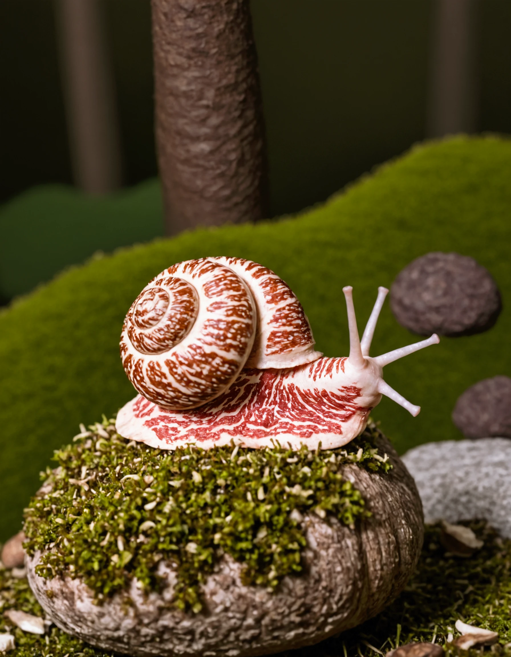 snail made of wagyu, macro photography, forest floor, moss, rocks, mushroom,