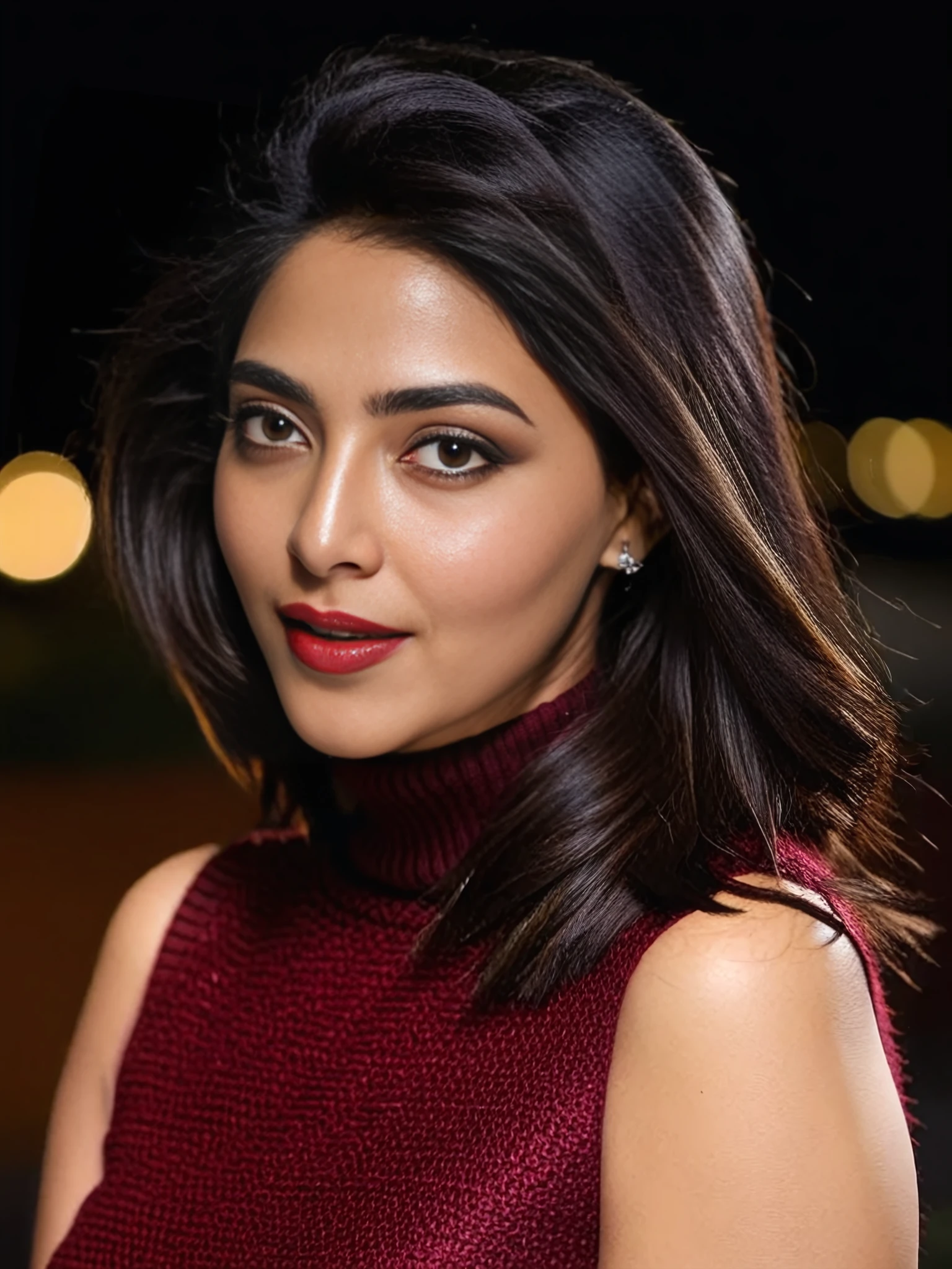 portrait photo of Aishwarya Lekshmi woman, solo,  hair cut, , looking at the camera,  Crimson sleeveless turtleneck, night time, contrasting background bokeh,   <lora:Aishwarya_Lekshmi_SDXL_LoRA_prodigy_local_xformers_HNE:1>