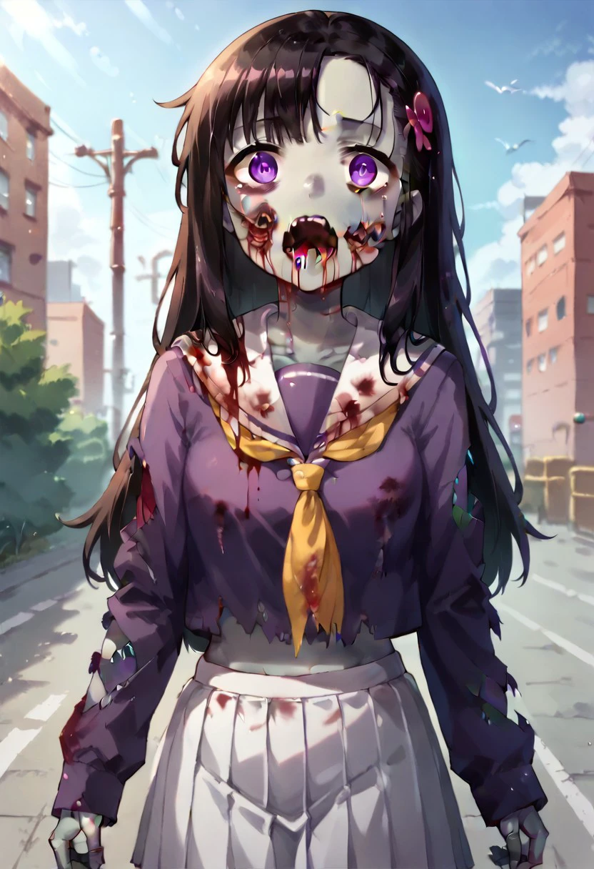 core_9, Score_8_up, Score_7_up, hitomi hino, long hair, black hair, hair ornament, (purple eyes: 1.2)  skirt, school uniform, pleated skirt, serafuku, white skirt, shirt , purple shirt, sailor collar, white sailor collar, long sleeves, scarf, yellow, zombie, open mouth, (gray skin: 1.4), bloody (mouth dripping blood, tattered clothes), blood stained clothes, (torn clothes: 1.2), city street, (hateful gaze: 1.2), (looking at viewer: 1.2), (artwork: 0.8), (beautiful detailed eyes: 1.2), perfect lighting, extremely detailed CGI, (anatomy perfect; 1.2) (standing; 1.2) alone