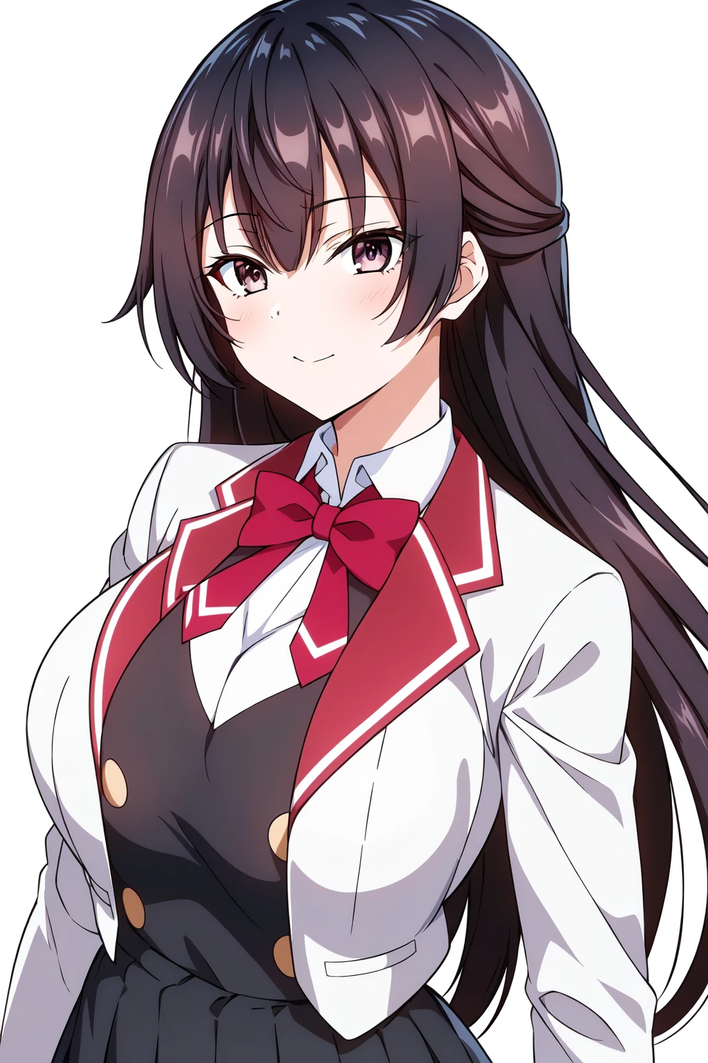 Simple Background,(White_Background:1.4),
dynamic pose,standing at attention,
white jacket, long sleeves, pleated skirt, school uniform, shirt, red bowtie,
<lora:Yuki_Suou_Roshidere-KK77-V1:0.7>,black skirt,
black eyes, black hair,bangs,Long hair,
<lora:more_details:0.1>,<lora:NovelAI_YesMix5_KKStyle-KK77-Yes5-V1:0.3>,
1 girl, 20yo,Young female,Beautiful long legs,Beautiful body,
Beautiful Nose,Beautiful character design, perfect eyes, perfect face,expressive eyes,perfect balance,
looking at viewer,(Focus on her face),closed mouth, (innocent_big_eyes:1.0),(Light_Smile:0.3),
official art,extremely detailed CG unity 8k wallpaper, perfect lighting,Colorful, Bright_Front_face_Lighting,White skin,
(masterpiece:1.0),(best_quality:1.0), ultra high res,4K,ultra-detailed,
photography, 8K, HDR, highres, absurdres:1.2, Kodak portra 400, film grain, blurry background, bokeh:1.2, lens flare, (vibrant_color:1.2),professional photograph,
(Beautiful,large_Breasts:1.4), (beautiful_face:1.5),(narrow_waist),