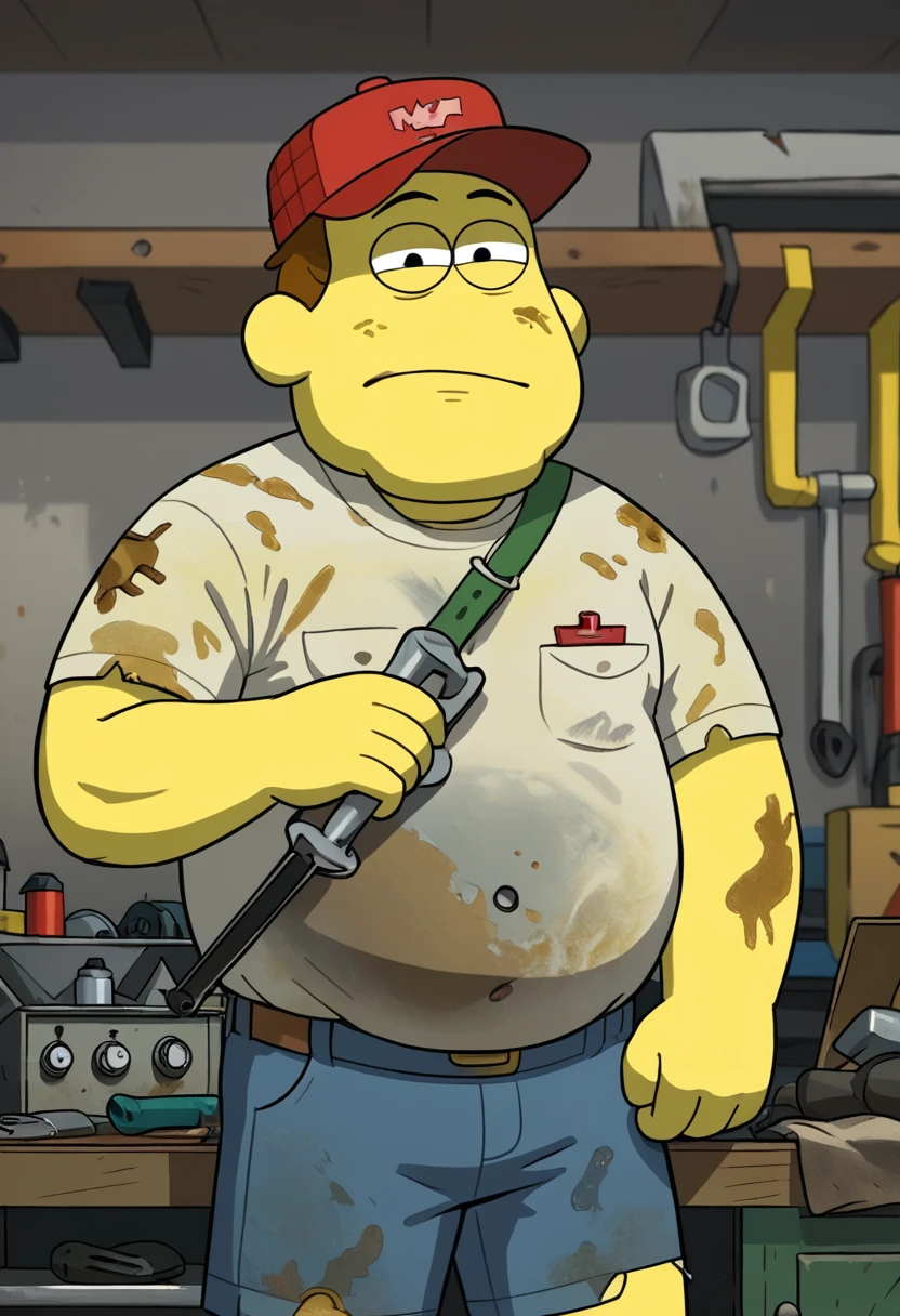 score_9, score_8_up, score_8,     <lora:Request_Bill_Green_Big_City_Greens_for_PonyXL:0.8> 1boy, b1ll, male focus, yellow skin, shirt, hat, solo, workshop, mechanic, grease stain,