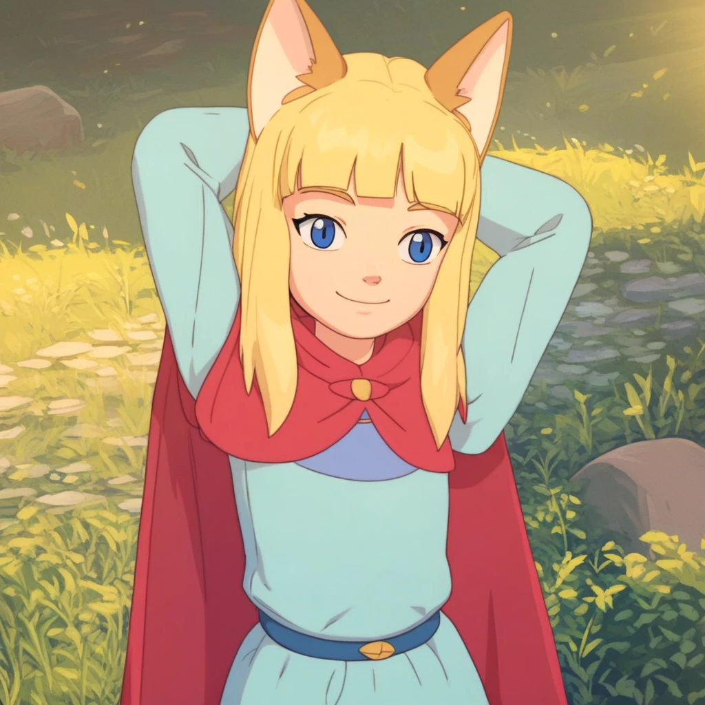 score_9, solo, evan, blonde hair, cat ears, blue eyes, cape, outdoors, hands behind head, smile