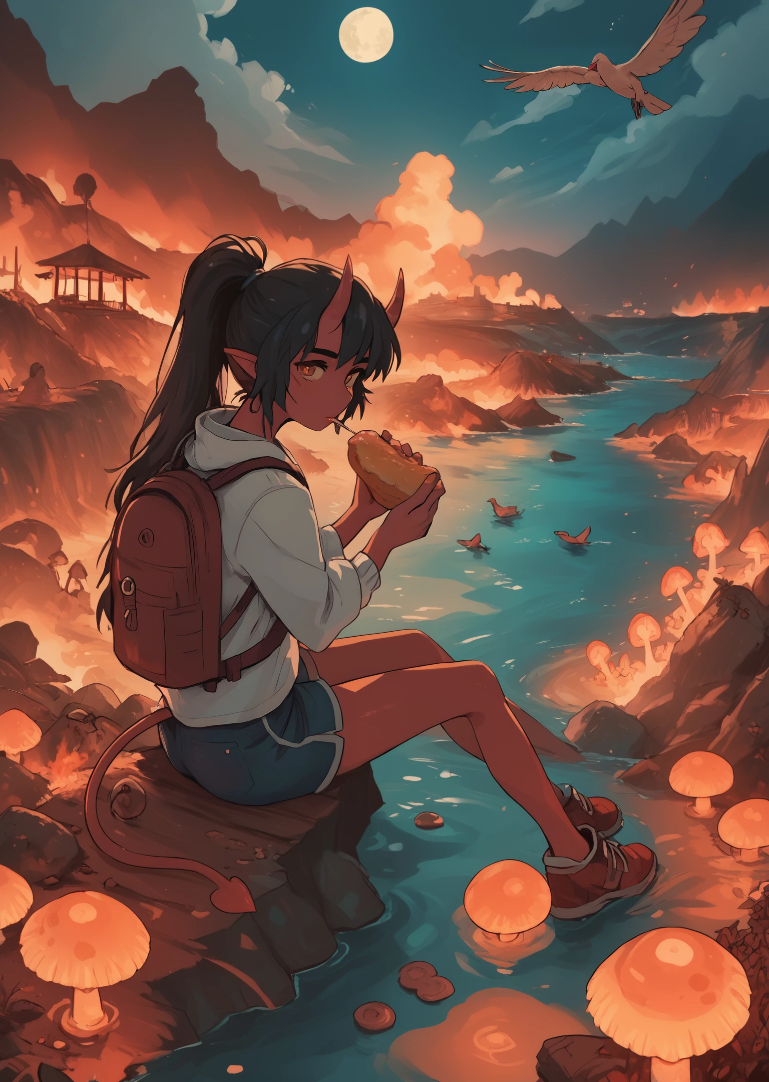 Score_9, score_8_up, score_7_up, score_6
3ldritchW0rld, watercolor_effect 1girl, solo, long hair, shirt, lollipop, holding bread, mouth hold, black hair, long sleeves, sitting, tail, ponytail, outdoors, horns, sky, shorts, pointy ears, cloud, water, bag, blue volcano, "Don't feed the undead fire gooses", night, colored skin, bird, moon, demon girl, cloudy sky, demon horns, star (sky), demon tail, night sky, sign, crescent moon, soaking feet, road sign, wild geese, lava, volcano, caldera, snail, mushrooms, green smoke, blue smoke, smog, rock, volcanic ash, glowing, blue theme, green theme, demon tail, slime_(substance), bubbles, skeletal birds, skeleton, bird, feeding animal, glowing, backpack
<lora:3ldritchW0rld Pony Style:1.6>