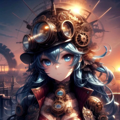 Cogs and gears, steam punk, Victorian fantasy,,colorful, vibrant, 1girl, long voluminous hair, beautiful blue eyes, goggles on forehead, curious expression, (riding on a sky ship:.7), smog covered sun, rising steam effects, masterpiece, best quality, ultra detailed, absurdres, 8k uhd, warm soft lighting