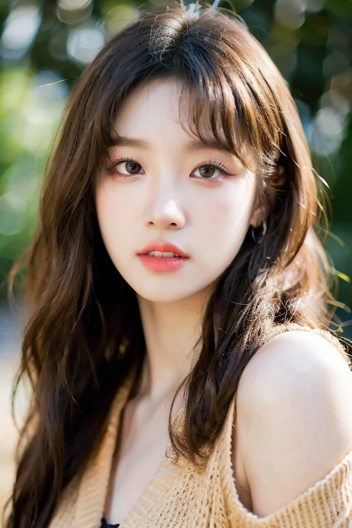 masterpiece, best quality, ultra-detailed, ultra high res, (photorealistic:1.4), raw photo, (realistic:0.2), 8k HDR, realistic lighting, 1girl, solo,  asymmetrical hair, outdoors, bokeh, (detailed lips), (detailed pores), (detailed skin textures), (detailed face:1.2), (upper body:1.3), cardigans, standing,