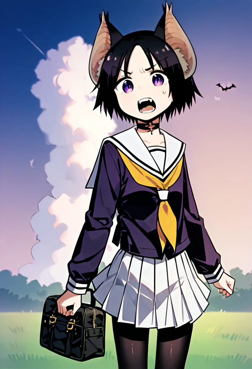 core_9, Score_8_up, Score_7_up,Chii Suimori, bat girl, short hair, black hair, bat ears, fluff on ears, (purple eyes:1.1), skirt, school uniform, pleated skirt, serafuku, white skirt, shirt, purple shirt, sailor collar, white sailor collar, long sleeves, handkerchief, yellow handkerchief, long pantyhose, black pantyhose, choker with cross smile, open mouth, neckerchief, angry, teeth, outdoor, sky, grass, (artwork: 0.8), (beautiful detailed eyes: 1.2), perfect lighting, extremely detailed CGI, (perfect anatomy; 1.2),( standing; 1.2)