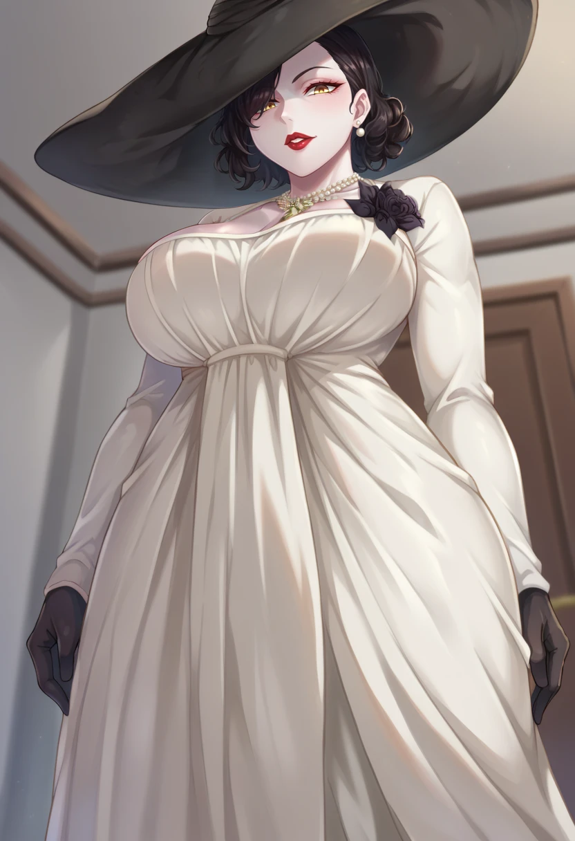 score_9,score_8_up,score_7_up BREAK <lora:Alcina:0.9>,AlcinadimitrescuSDXL,1girl,short hair,large breasts,black hair,gloves,hat,dress,jewelry,yellow eyes,flower,earrings,black gloves,necklace,white dress,makeup,lipstick,pale skin,sun hat,long dress,red lips,pearl necklace,black flower,black rose,tall female,hat over one eye,cowboy shot,room,room background, from below,