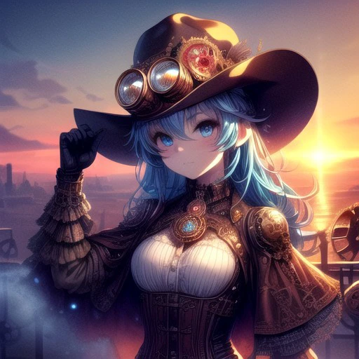 Cowboy shot photo, Cogs and gears, steam punk, Victorian fantasy,,colorful, vibrant, 1girl, long voluminous hair, beautiful blue eyes, goggles on forehead, curious expression, (riding in a sky ship:.7), smog covered sun, rising steam effects, masterpiece, best quality, ultra detailed, absurdres, 8k uhd, warm soft lighting