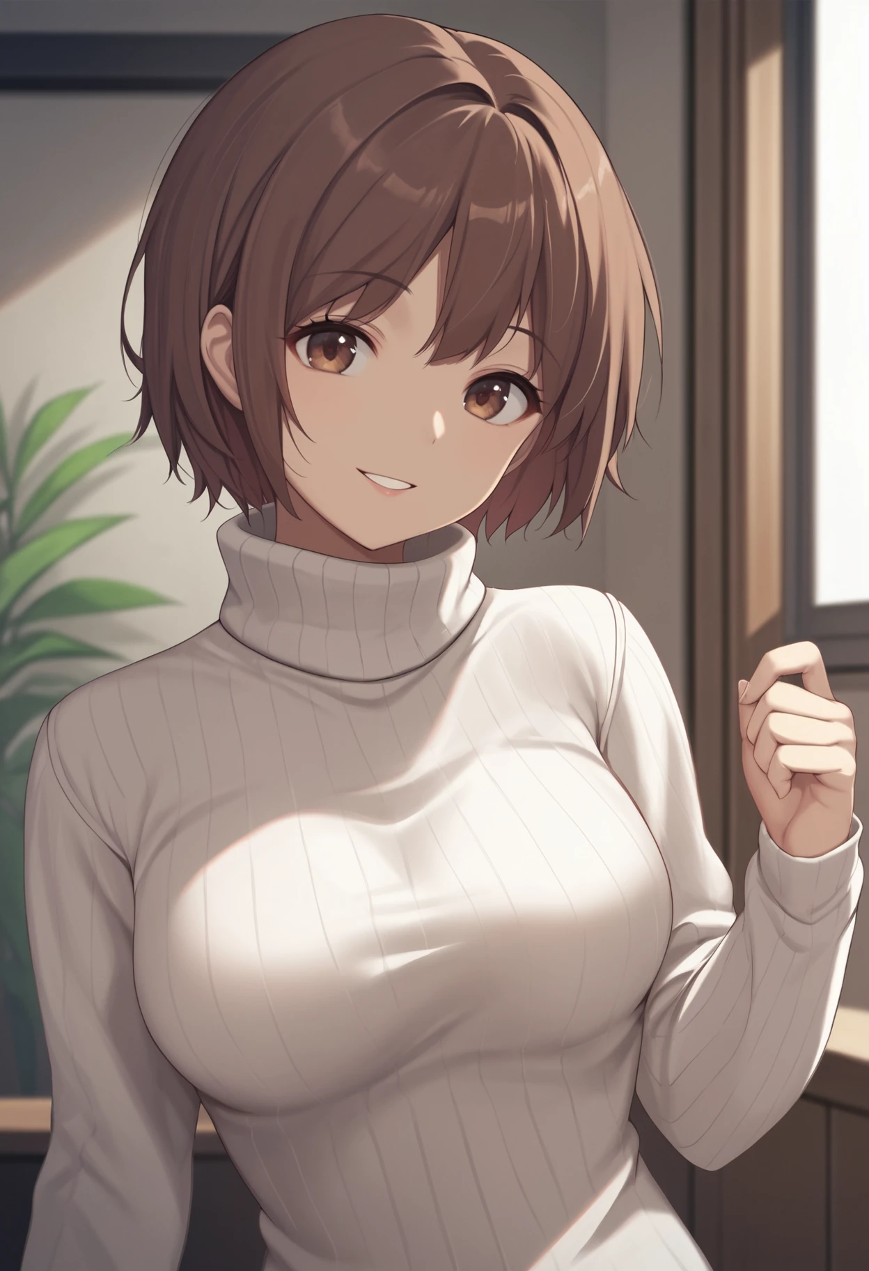 score_9, score_8_up, score_7_up, source_anime BREAK 1girl, solo, <lora:product12-nikke-richy-v1_pdxl:1> prdct12, brown eyes, brown hair, short hair, white sweater, turtleneck sweater, ribbed sweater, breasts, indoors, parted lips, smile, looking at viewer