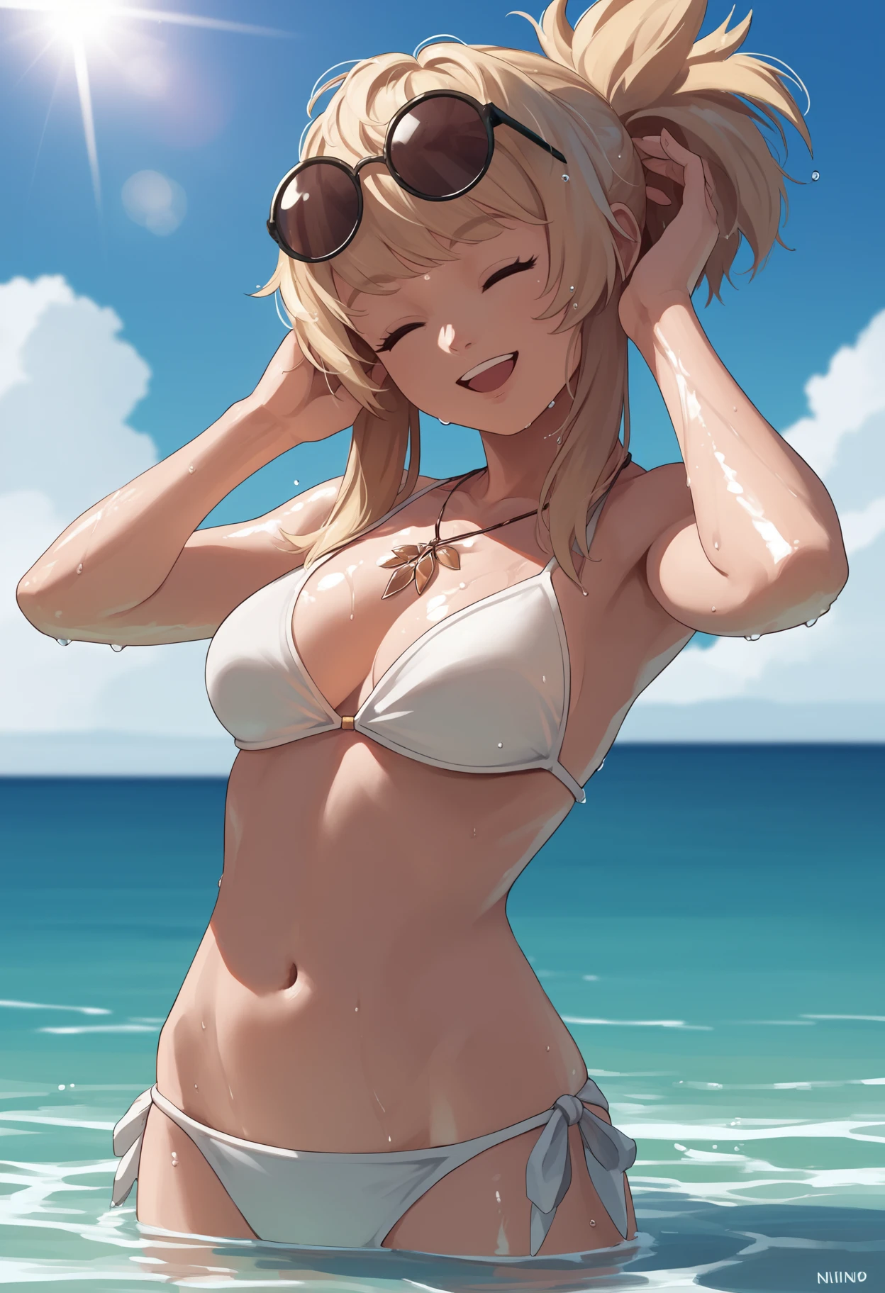 score_9, score_8_up, score_7_up, source_anime BREAK 1girl, solo, <lora:product23_pinne-nikke-richy-v1_pdxl:1> pnnnik, blonde hair, ponytail, bangs, necklace, white bikini, beach, partially submerged, sunlight, sunglasses, eyewear on head, round eyewear, smile, open mouth, closed eyes, head tilt, blue sky, breasts, navel, wet, shiny skin, shiny clothes, standing, adjusting hair