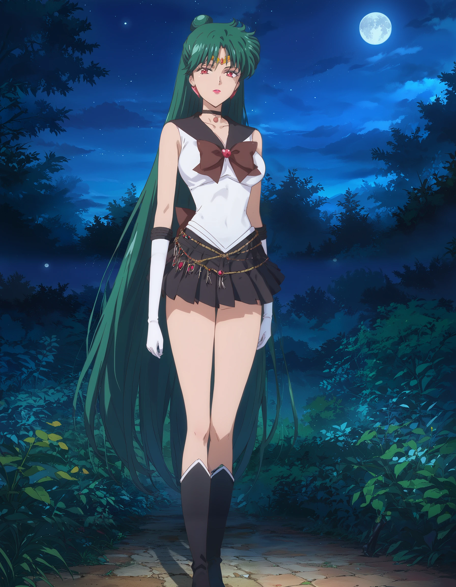 score_9, score_8_up, score_7_up, masterpiece, absurdres, source_anime, 

1girl, SailorPluto, green hair, long hair, hair bun, red eyes, lipstick, jewelry, tiara, choker, black choker, big breast, white shirt, sailor collar, brown bun, mini skirt, black skirt, rope belt, knee boots, black boots, white gloves, long gloves,
outdoors, cityscape, night, moon, starry sky, dark, looking at viewer, cowboy shot,