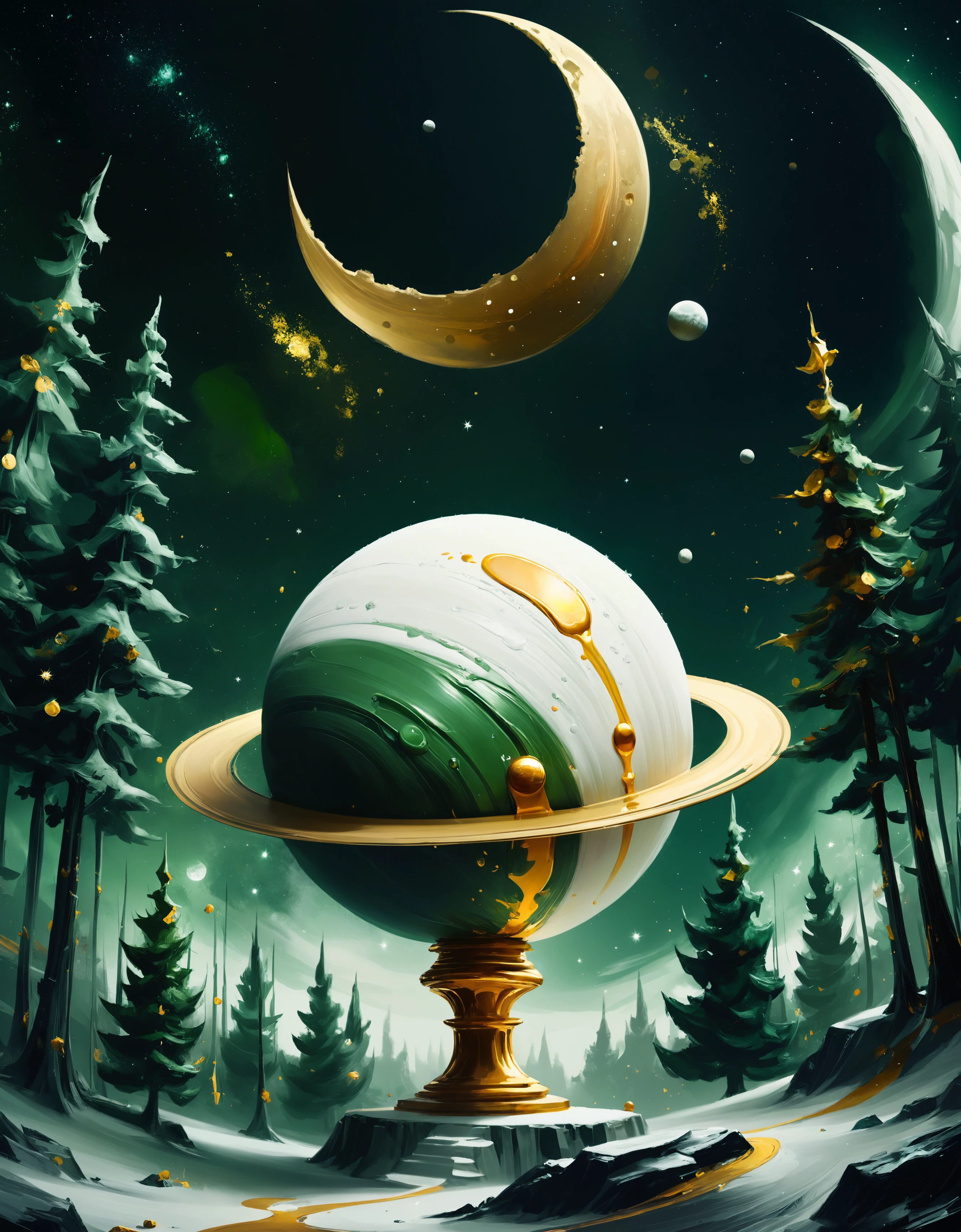 zavy-rghpnt, low angle shot of a White and Forest Green "Sugar, sugar, ah honey honey.", Calming and Fairy-Tale, Planet Saturn background, Moon in the night, 80mm, Gold Leafing, behance HD, dslr, professional creative, dynamic background, illustrious quality, professional fine composition, enhanced quality, deep rich colors, extremely stylish, epic atmosphere