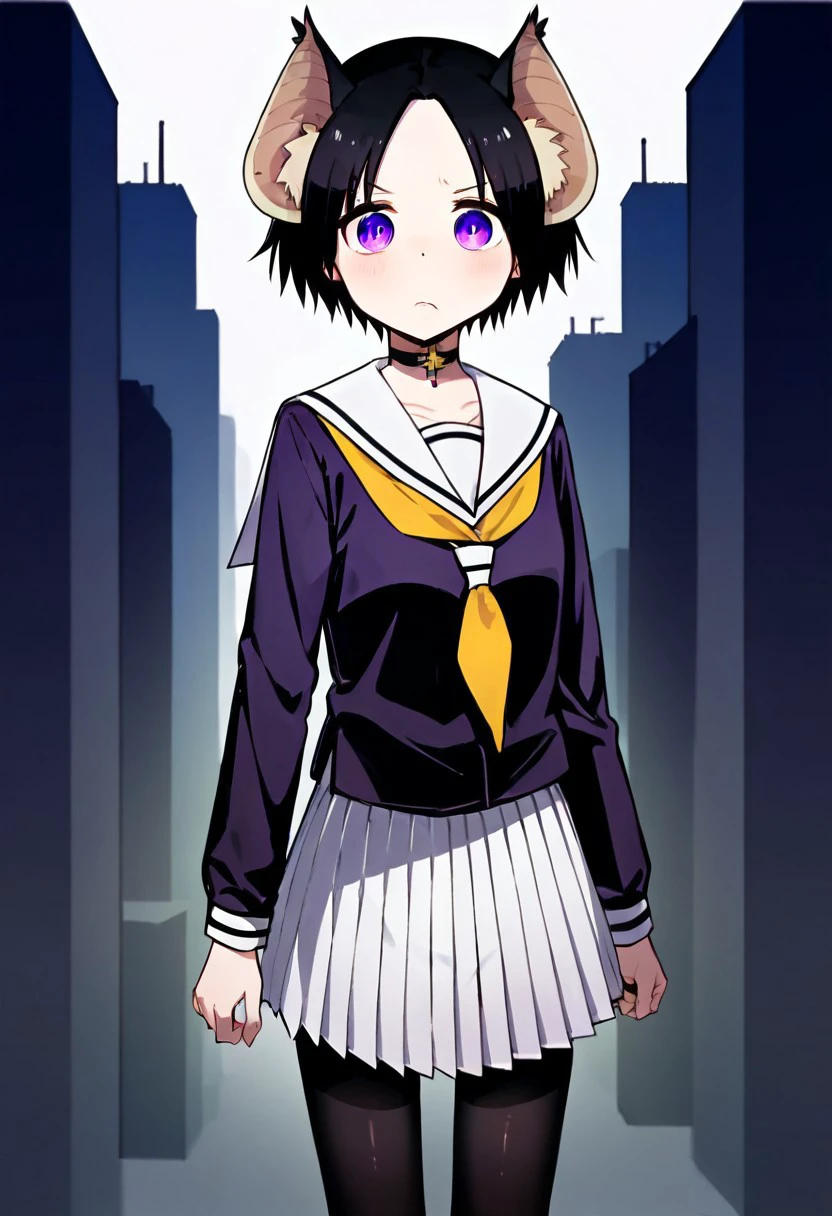 core_9, Score_8_up, Score_7_up, Chii Suimori, bat girl, short hair, black hair, bat ears, fluff on ears, bald forehead, (purple eyes: 1.2) , skirt, school uniform, pleated skirt, serafuku, white skirt, shirt, purple shirt, sailor collar, white sailor collar, long sleeves, handkerchief, yellow handkerchief, long pantyhose, black pantyhose, choker with cross, city street, (hateful gaze: 1.2), (looking at viewer: 1.2), (artwork: 0.8), (beautiful detailed eyes: 1.2), perfect lighting, extremely detailed CGI, (anatomy perfect; 1.2) (standing; 1.2) alone