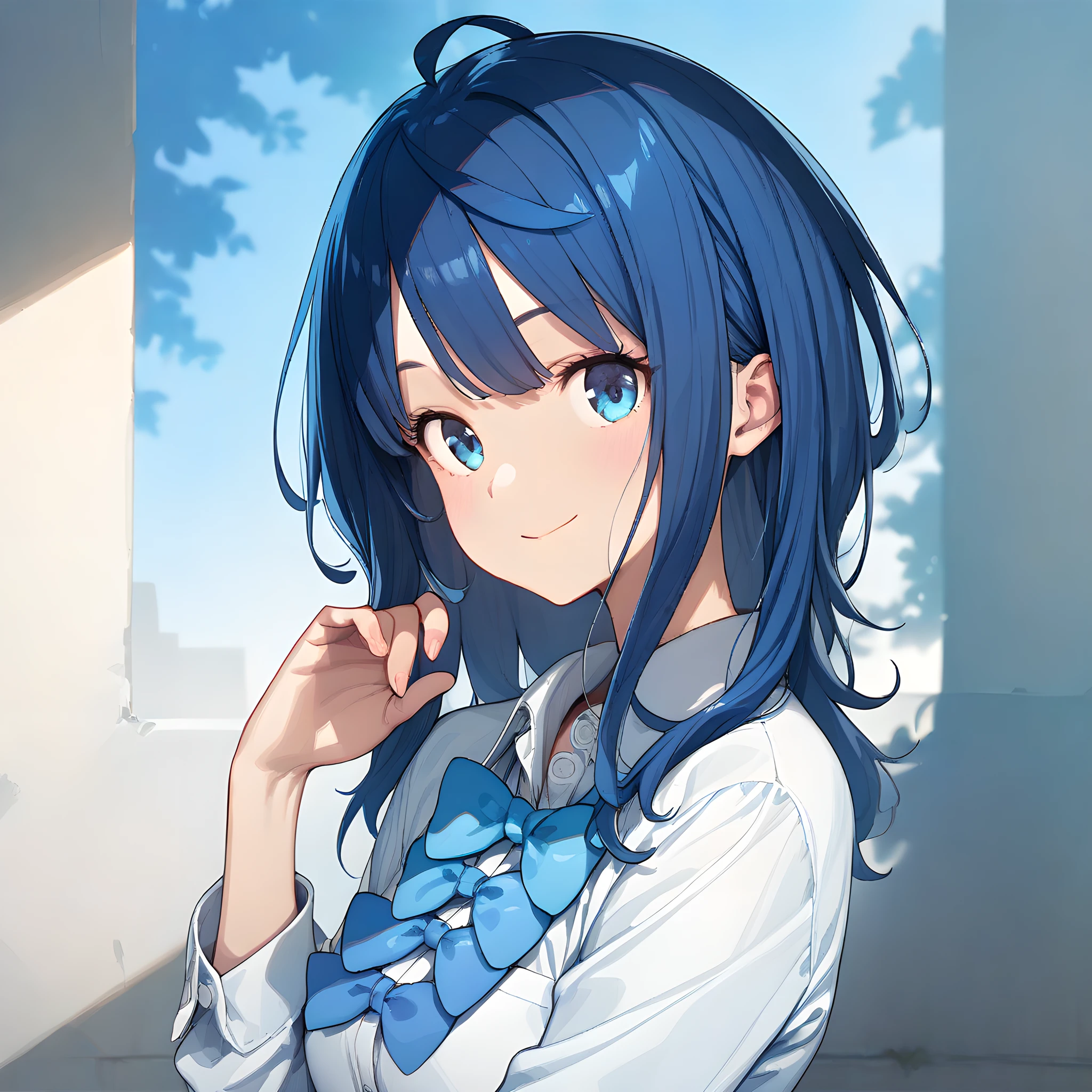 (masterpiece),(best quality),(ultra-detailed),(best illustration),(best shadow),(absurdres),(detailed background),(very aesthetic), anna_yanami, 1girl, solo, blue eyes, smile, bow, upper body, blue hair, shirt, looking at viewer, ahoge, simple background, blue bow, bangs, white shirt, collared shirt <lora:XL-AnnaYanami:1>