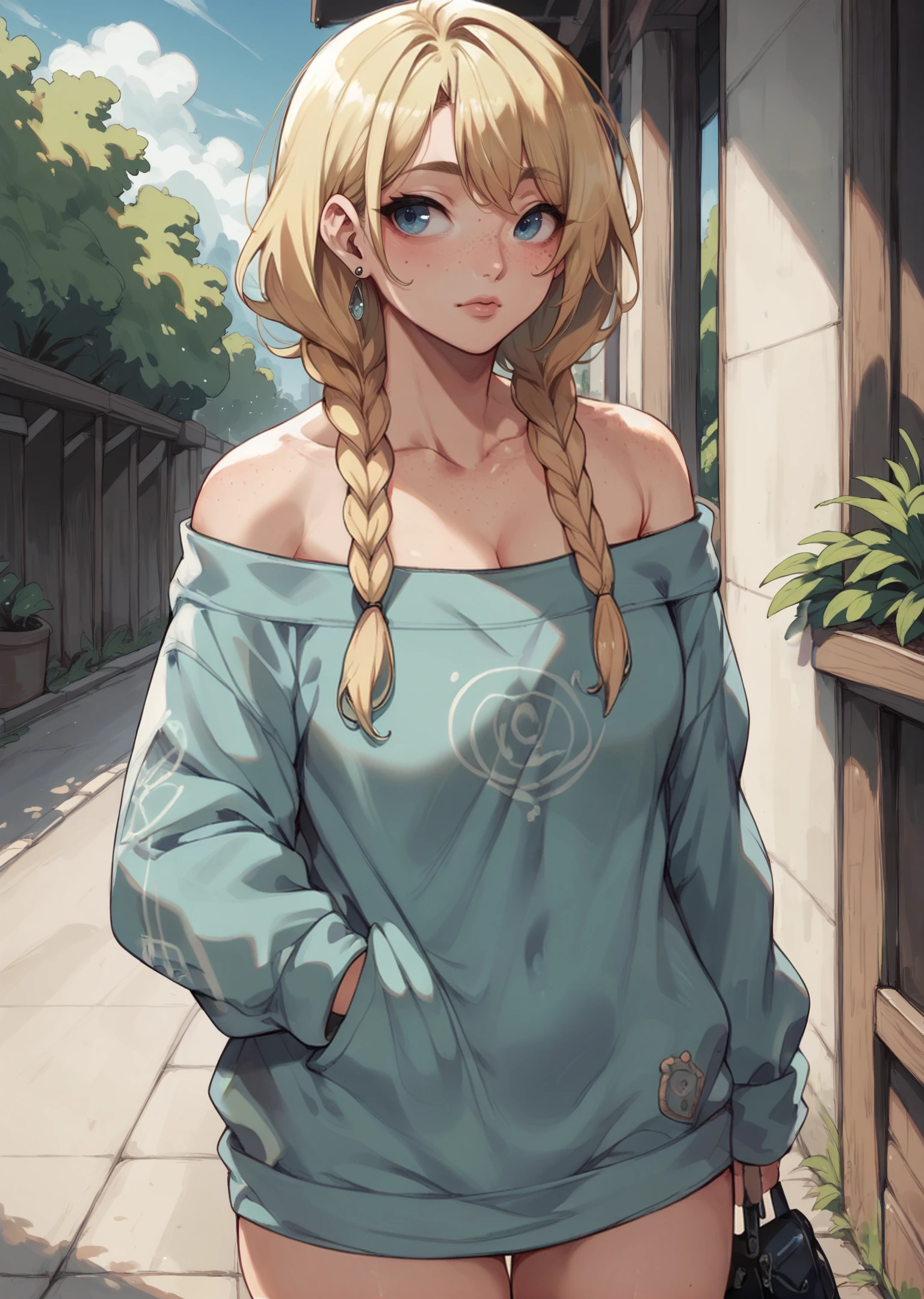 score_9,score_8_up,score_7_up,score_6_up,blonde hair,blue eyes,off shoulder sweater dress,freckles,twin braids,single earring,outdoors,looking to the side,<lora:KamabokoStylePony:0.8>,<lora:add-detail-xl:0.3>,<lora:Perfect Hands:1>,