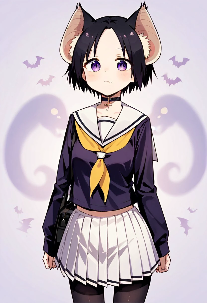 core_9, Score_8_up, Score_7_up,Chii Suimori, bat girl, short hair, black hair, bat ears, fluff on ears, bald forehead, (purple eyes:1.1), skirt, school uniform, pleated skirt, serafuku, white skirt, shirt, purple shirt, sailor collar, white sailor collar, long sleeves, handkerchief, yellow handkerchief, long pantyhose, black pantyhose, choker with cross smile, (artwork: 0.8), (beautiful detailed eyes: 1.2), perfect lighting, extremely detailed CGI, (perfect anatomy; 1.2),( standing; 1.2)