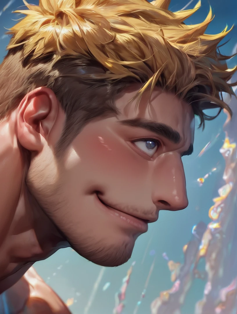 1 male,Male Focus,score_9,score_8_up,source_realistic,<lora:maleface_v2-000006:0.8>,AAAMANAAA,close uo,look up,Portrait,exquisite face,Ambiguous gaze,Bara,Enjoyable expression,yellow hair tips,brown hair,smile,<lora:pony XL NijijourneyV6Style-000016:0.3>,Bara,