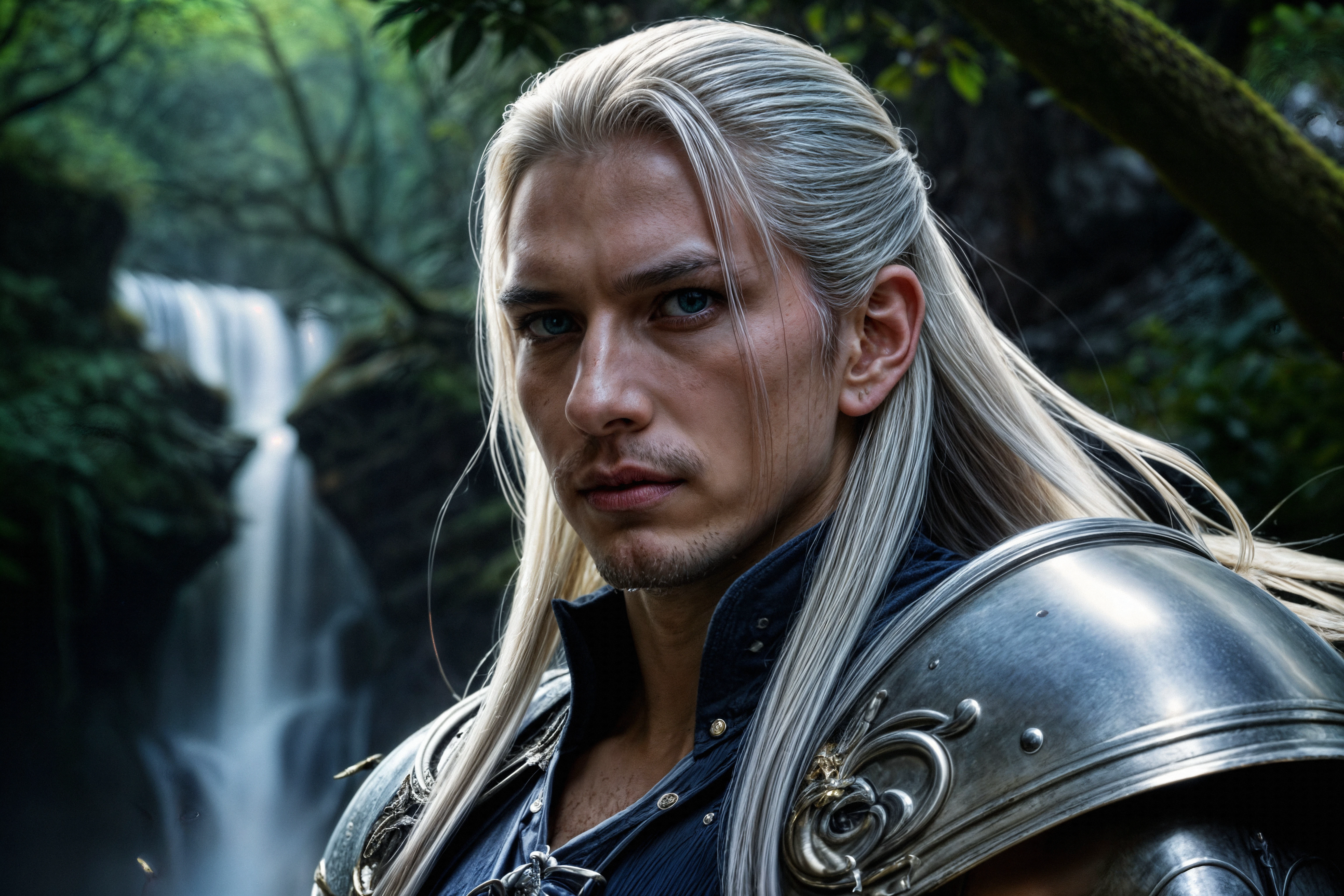 In a panoramic shot, Cinematic, ultra realistic, intricate details, fantasy, epic.
In the middle of a lush forest, a city that is a gigantic and ancient tree, is populated by forest beings. An albino warrior with gray-green hair dressed in roots, leather and multicolored flowers, is made up for war. He is a mythological leader, he is young, strong, blue eyes and smooth skin. He is ready to face an attack by mythological beings that are stalking his village. The village is large and camouflaged with the dreamlike environment.