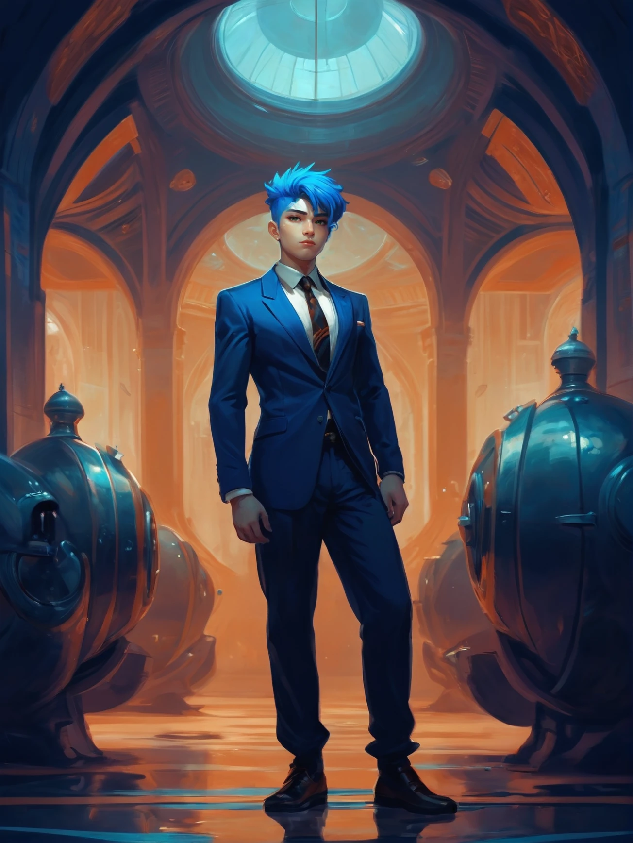 digital painting, egyptian dieselpunk, (full body:1.2), 1boy, man, bishounen, solo, [:fantastical costume design,:0.2] businessman, chinese, midnightblue hair, (muscular:1) buildBath \(room\) <lora:EnvyQuaintFuturismXL01:1.2>