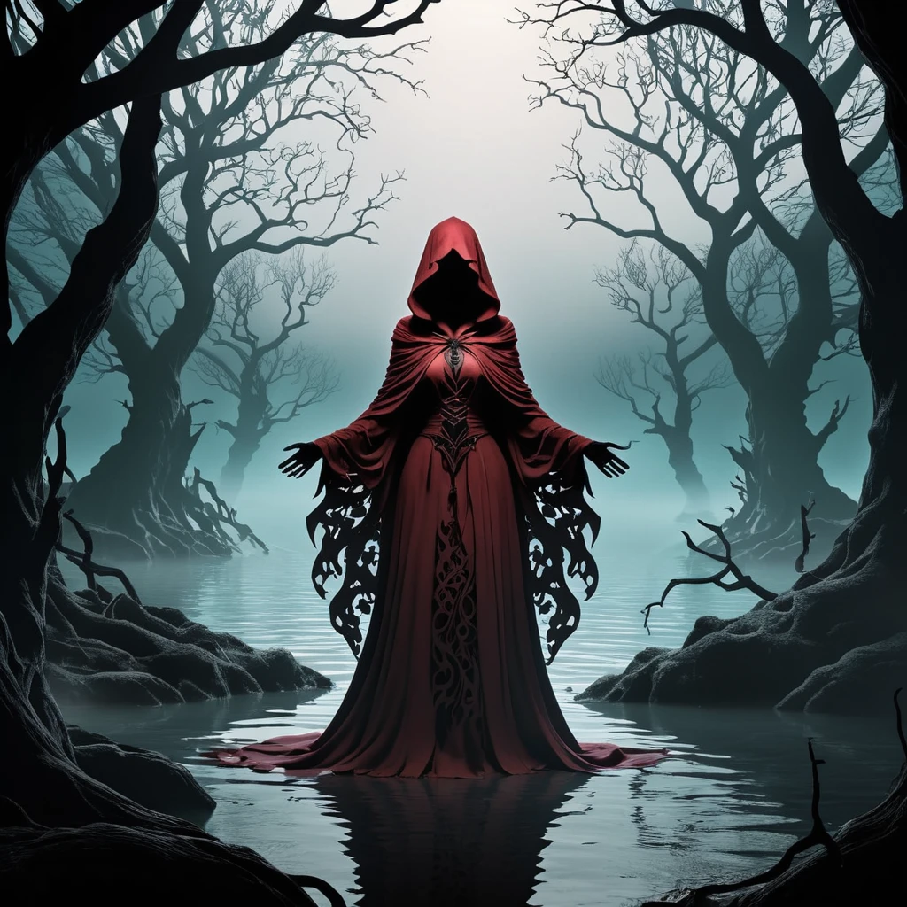 ((stacked papercut art)) of "in this haunting glade, a 47 year old sorceress stands at the edge of a turbulent lake, its waters churning with an unseen force that stirs the misty veil clinging to her skin like a shroud of unease. the hooded figure's eyes burn with a faint, flickering light that casts eerie shadows on the surrounding trees, whose branches twist and writhe in agony as if tormented by some dark presence. crimson robes, once flowing and majestic, now hang tattered and torn, their colors muted by the oppressive atmosphere. as she raises her hands, the mist swirls around her with an unwholesome malevolence, coalescing into grotesque shapes that seem to be drawn to her outstretched palms like dark magnets. the air is heavy with a sense of foreboding and dread, as if the very fabric of reality is about to tear apart under the weight of some ancient, malevolent force." . 3d, layered, (vibrant contrasting colors), dimensional, depth, precision cut, stacked layers, papercut, (high contrast)