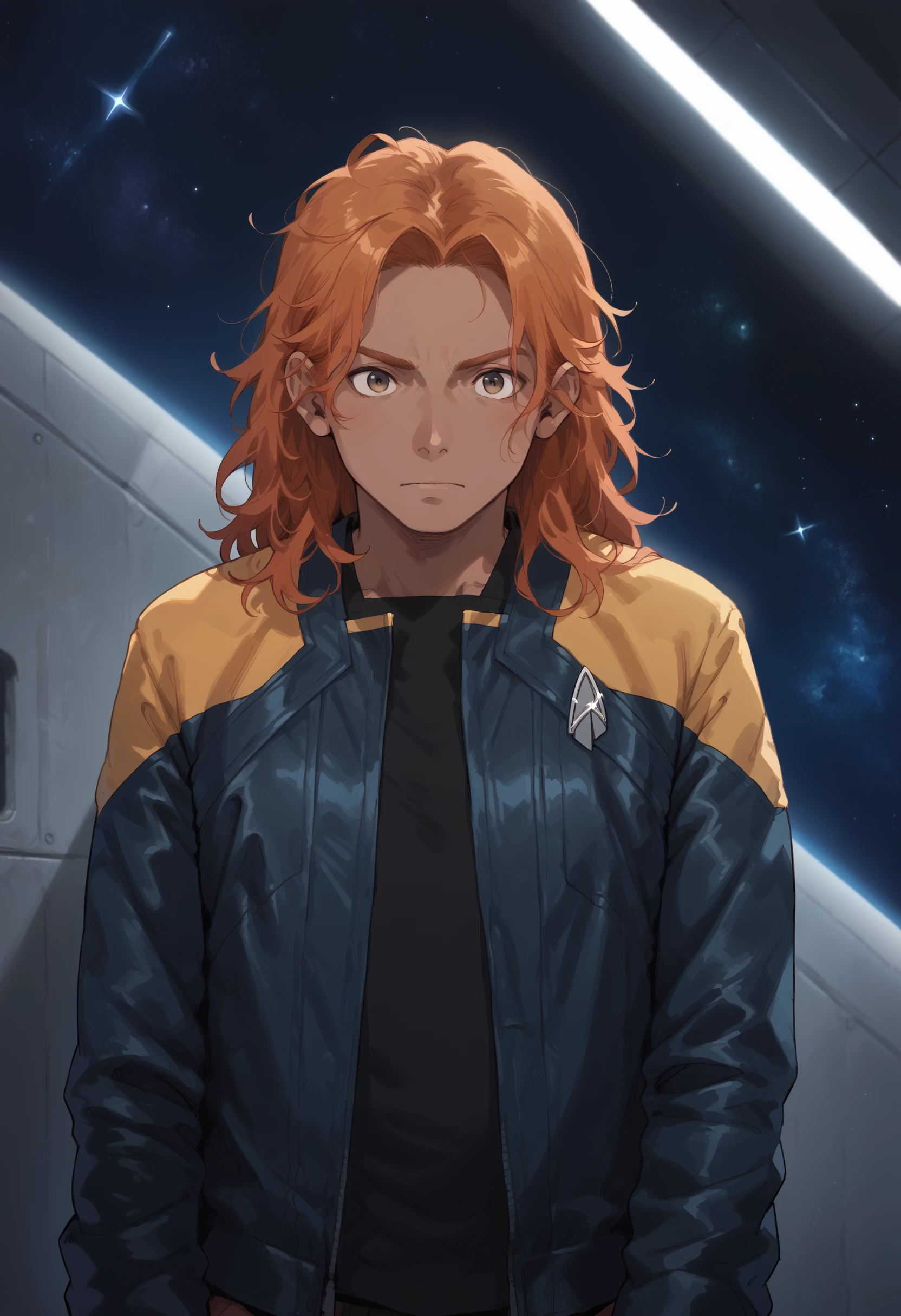 core_9, score_8_up, score_7_up ,score_6_up, man,dark skin,black skin,african,ghanian,ginger hair,longer hair,messy hair,space station interrior,machinery,metal walls,
pcdjck,Star trek jacket,yellow shoulders,black shirt
,<lora:PicardJacketPony>