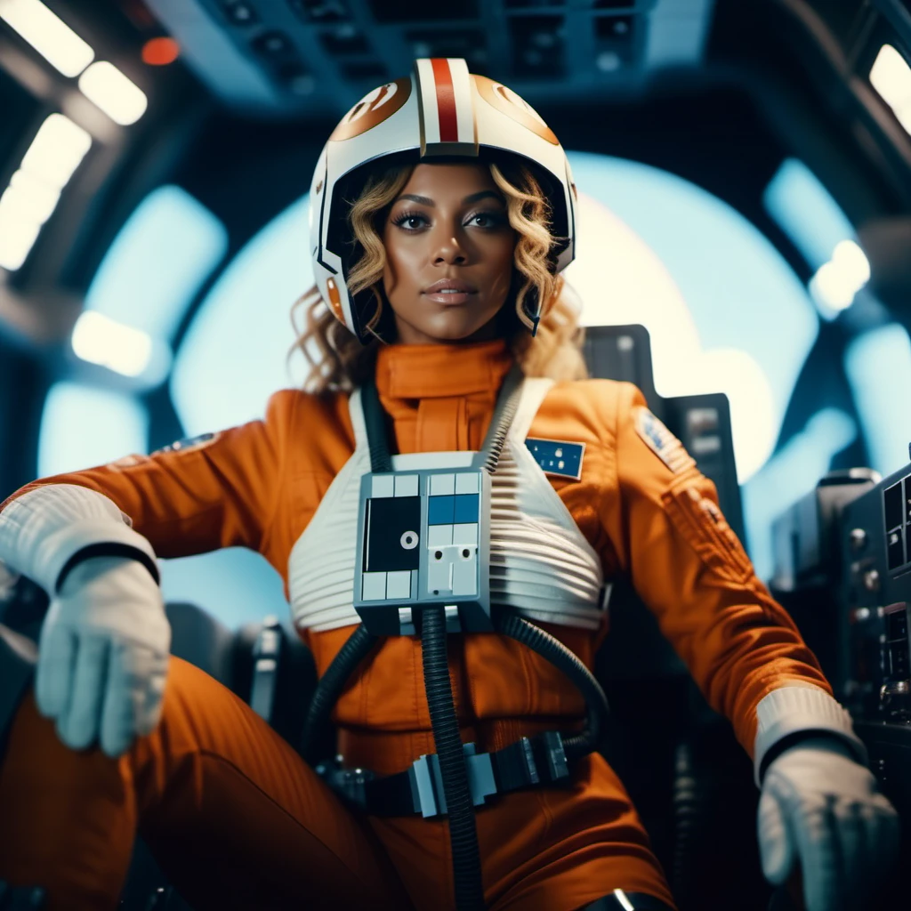 cinematic photo beyonce  wears gloves, orange and white spacesuit, helmet, in cockpit, in space  <lora:StarWars1024:0.8> . 35mm photograph, film, bokeh, professional, 4k, highly detailed