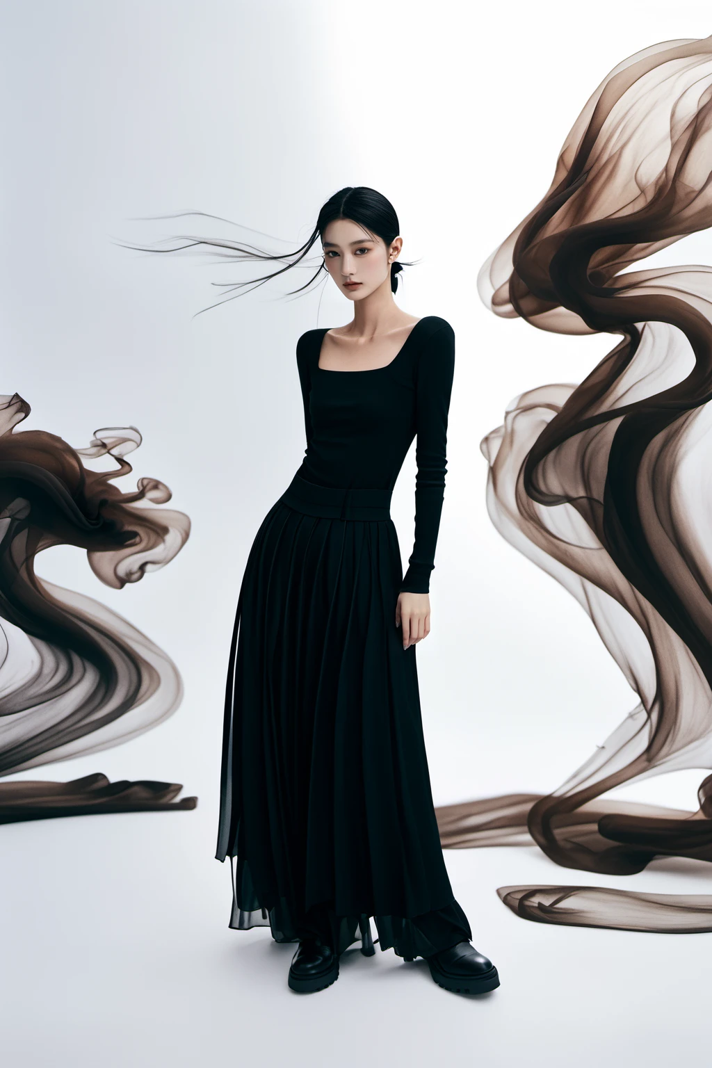 realistic,reality,moying,1girl,solo,looking at viewer,skirt,black hair,hair ornament,long sleeves,white background,dress,standing,full body,black skirt,black shirt,black footwear,black dress,long skirt,((black fabric smoke)), <lora:JAY - MOYING -  MAÌ£ÌC ANH XL:1>, (best quality:1.3)