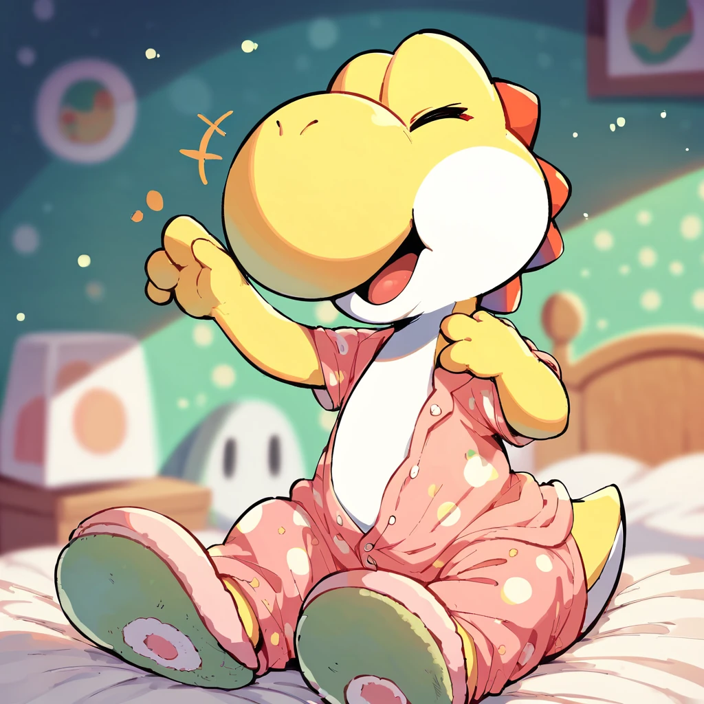 score_8_up, score_7_up, score_6_up, yoshi, feral, eyes closed, yellow skin, yawning, wearing pajamas, wearing slippers, in a bedroom, countershading, bokeh, diadema, adorable face, looking at viewer