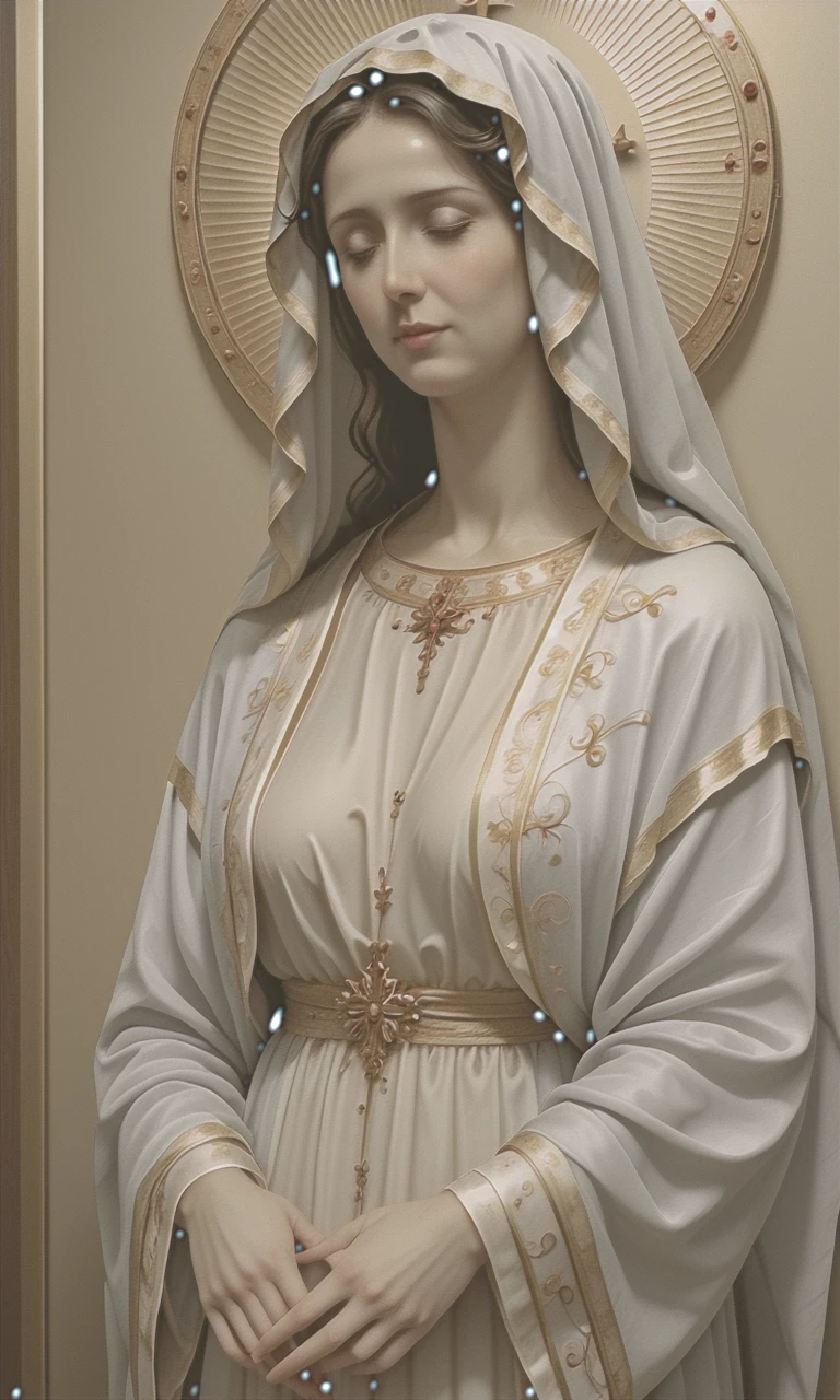 virgin_mary, traditional_robes, long_dress, flowing_robes, golden_trim, embroidered_cloak, simple_tunic, ornate_veil, halo, wavy_hair, long_hair, covered_head, slender_figure, delicate_frame, mature_grace, medium_breasts, curvy