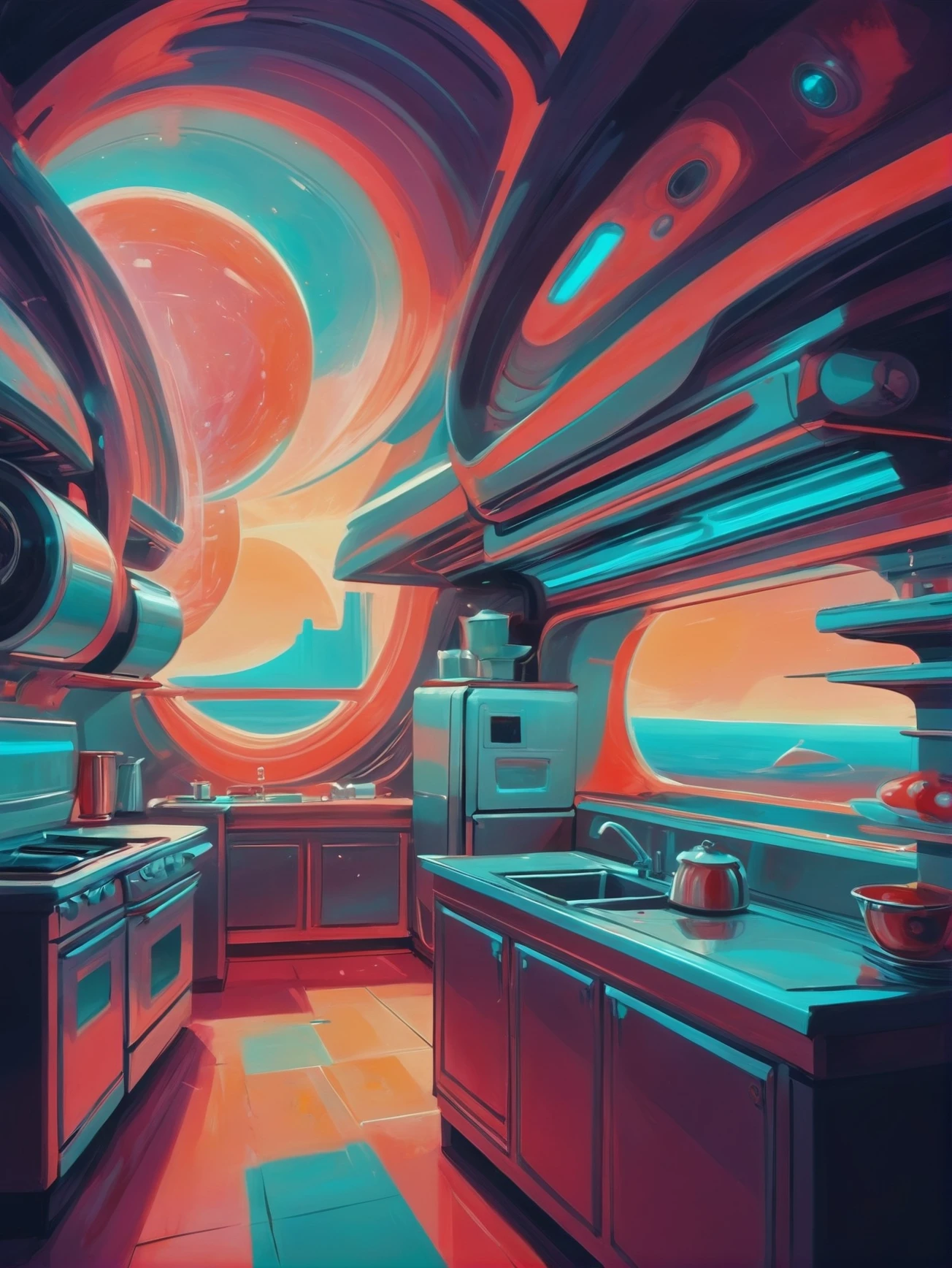 digital painting, abstract retrofuturism, Kitchen \(room\) <lora:EnvyQuaintFuturismXL01:1.0>