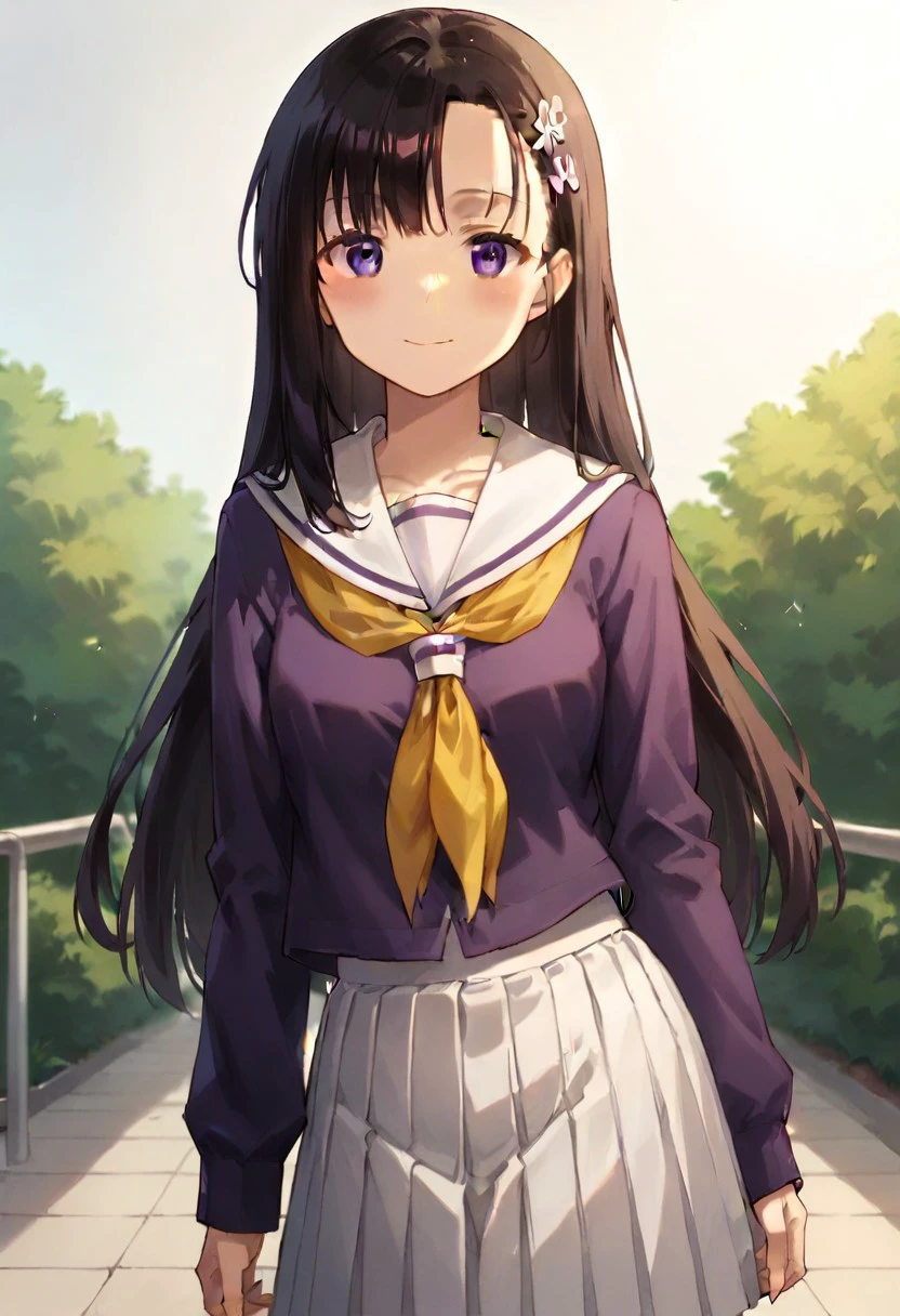 core_9, Score_8_up, Score_7_up, hitomi hino, long hair, black hair, hair ornament, (purple eyes: 1.2)   skirt, alone, school uniform, pleated skirt, serafuku, white skirt, shirt, purple shirt , sailor collar, white sailor collar, long sleeves, scarf, yellow, smile, (artwork: 0.8), (beautiful detailed eyes: 1.2), perfect lighting, extremely detailed CGI, (perfect anatomy; 1.2),( standing; 1.2)