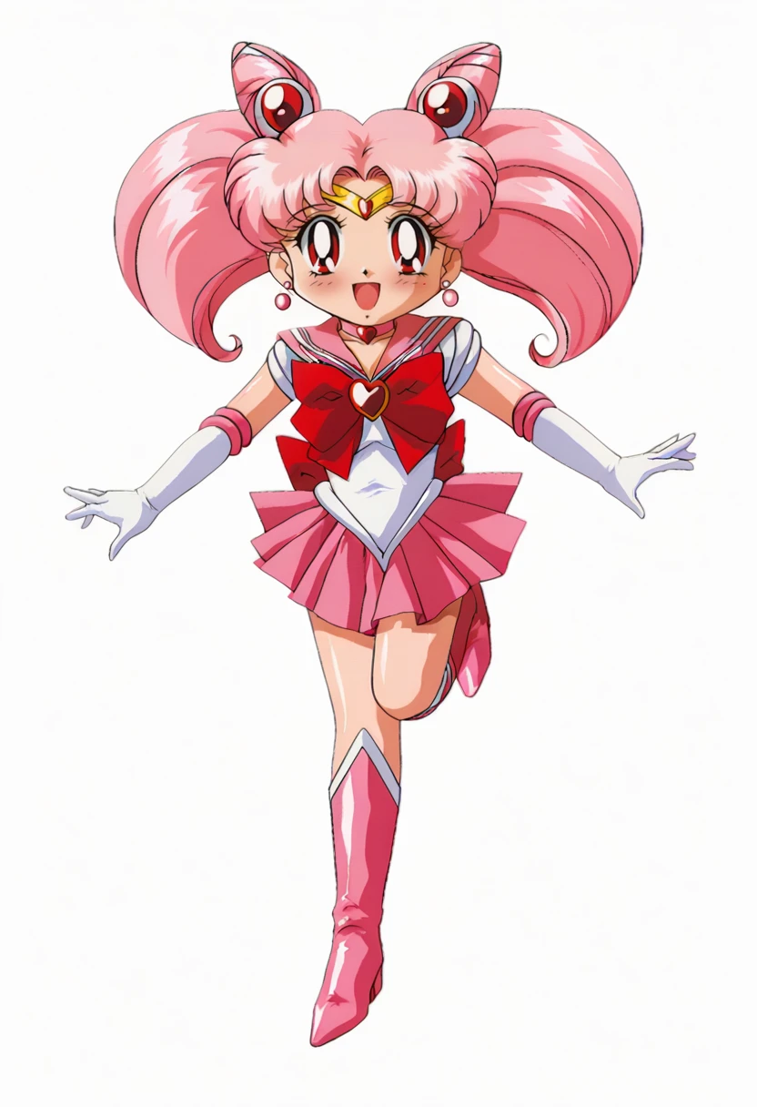 score_9, score_7_up, hd, (ultra hd quality details), white background, 1990s \(style\), retro artstyle,
solo, 1girl, chibi usa,pink hair,long hair,cone hair bun,double bun,twintails,red eyes,hair ornament,
sailor chibi moon,sailor senshi uniform,magical girl,pink sailor collar,earrings,tiara,jewelry,heart brooch,pink choker,skirt,bow,white gloves,elbow gloves,
knee boots,
looking at viewer, blush, smile, open mouth,
dynamic pose,
<lora:_eyeball_style-elesico-pony-12:1> <lora:satoimo_chibi_moon_pony_V1:0.8>