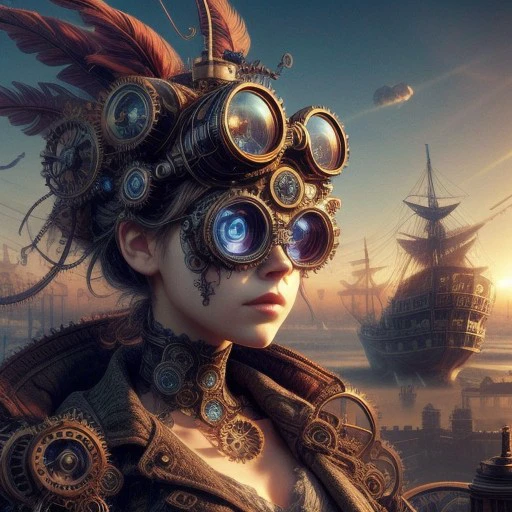 Cogs and gears, steam punk, Victorian fantasy,,colorful, vibrant, 1girl, long voluminous hair, beautiful blue eyes, goggles on forehead, curious expression, (riding on a sky ship:.7), smog covered sun, rising steam effects, masterpiece, best quality, ultra detailed, absurdres, 8k uhd, warm soft lighting