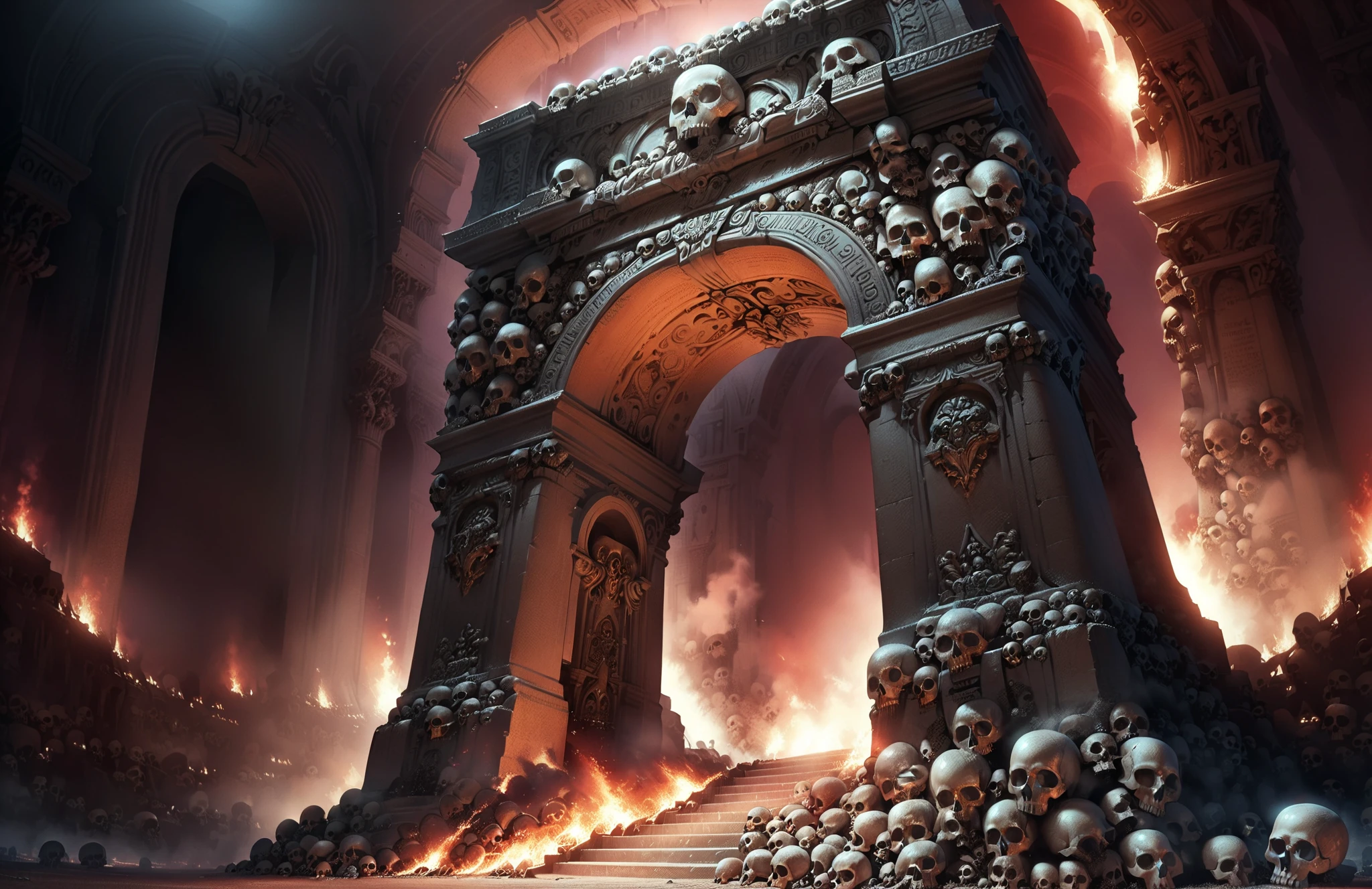 <lora:Skulls for the Skull Throne:1>,Skulls for the Skull Throne,(small size skulls),(A triumphal arch all made from skulls:1.5),stairs,on wasteland burning everywhere,black and red background with blood and fire,(the night is lit by fires:0.6),dark night:1,dark backgroung,low angle shot,wide shot,RAW photo,best quality,(realistic, photo-realistic:1.3),masterpiece,extremely detailed,an eerie atmosphere,<lora:add-detail-xl:1>,no humans,<lora:great_lighting:0.7>,