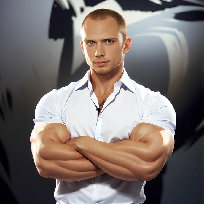 (RAW photo), absurdres, <lora:JohnMagnum:0.9>, johnmagnum, (muscular male:1.2), white dress shirt, upper body, facing viewer, looking at viewer, buzz cut, stubble