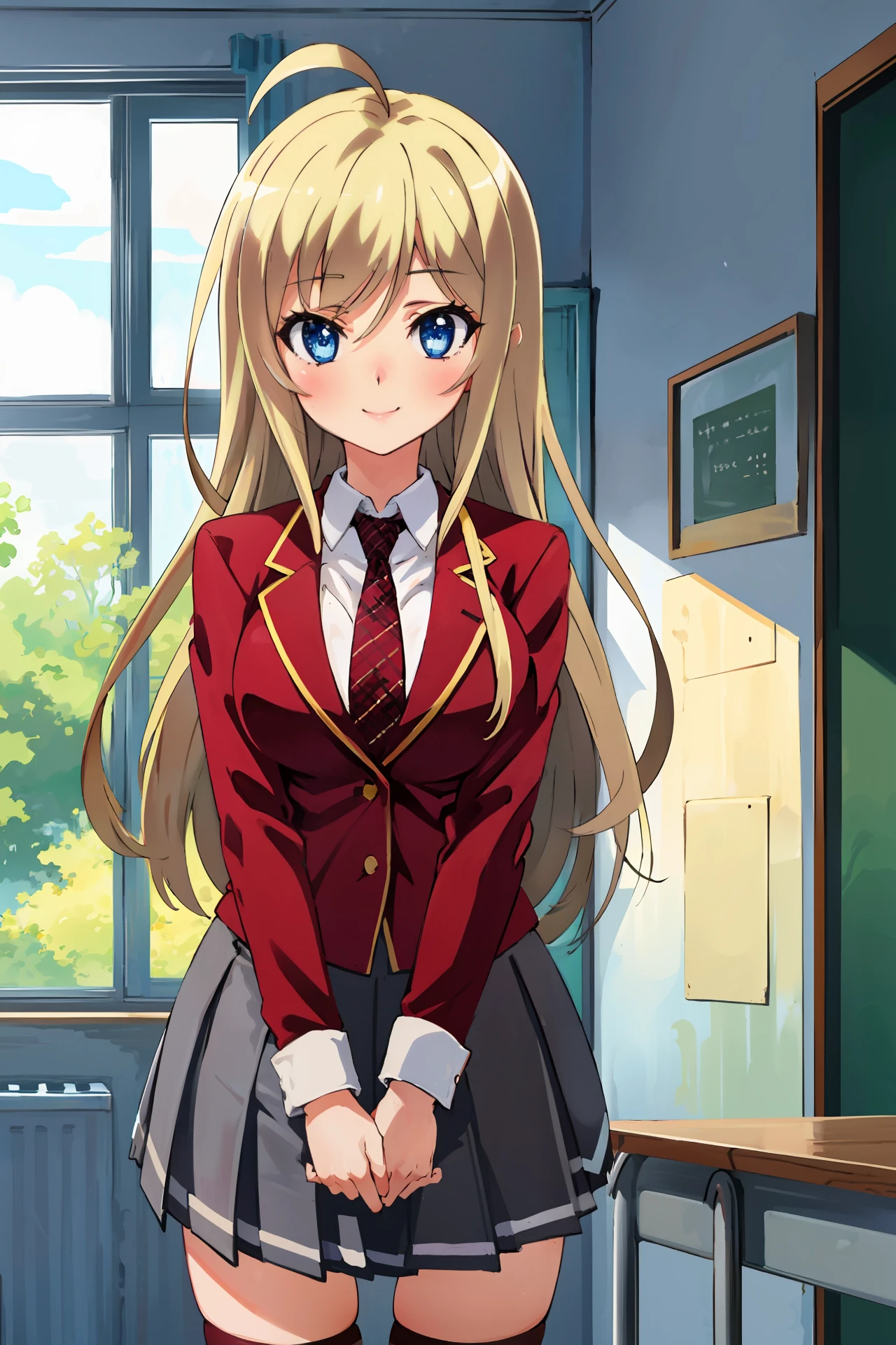 1girl, (masterpiece), (high resolution), (8K), (extremely detailed), (4k), perfect face, nice eyes and face, (best quality), (super detailed, intricate details, very aesthetic), detailed face and eyes, (solo), textured skin, absurdres, highres,   <lora:chocolat_noucome-09:0.7>, chocolat_wz, long hair, blonde hair, blue eyes, long hair, ahoge, breasts, striped thighhighs, blue eyes, striped clothes, necktie, school uniform, zettai ryouiki, blazer, red jacket, pleated skirt,  grey skirt, red thighhighs, standing, cowboy shot, looking at viewer, smile, v arms, classroom, board