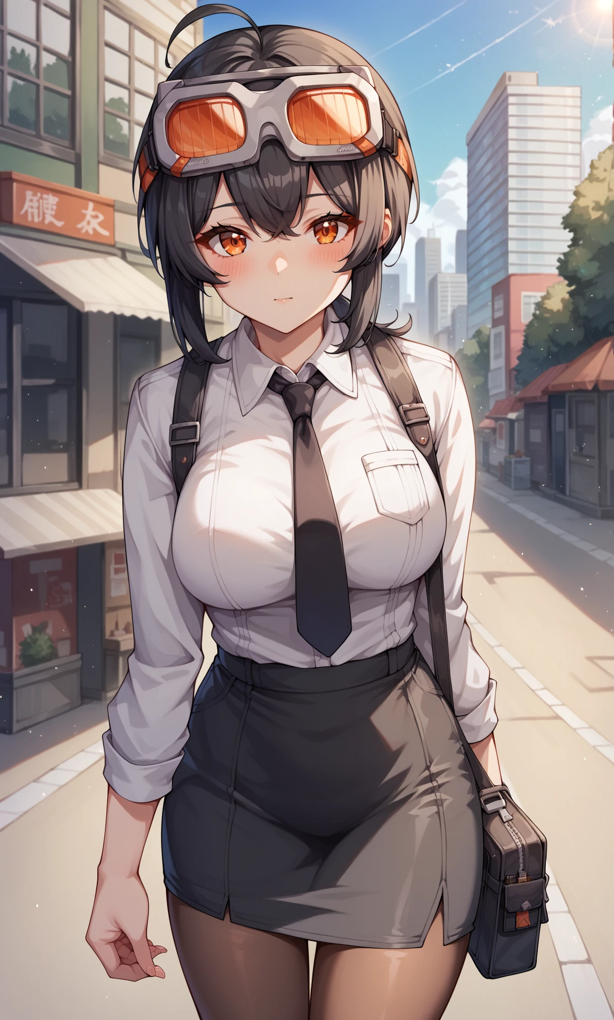 score_9, score_8_up, score_7_up, score_6_up, score_5_up, score_4_up, BREAK source_anime, 1girl, solo, outdoors, city, cowboy shot, standing, looking at viewer, grace, orange eyes, black hair, short hair, low ponytail, ahoge, goggles on head, collared shirt, long sleeves, black necktie, pencil skirt, black skirt, miniskirt, pantyhose, blush