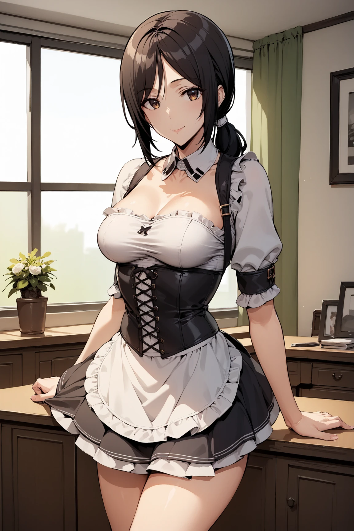 score_9, score_7_up, source_anime, solo, looking at viewer, 
1girl, smile, closed mouth,
BREAK
Minimida, low ponytail,
frilled intricate long_skirt pannier bustier corset crinoline,
<lora:Minimida-ponyBase-locon:0.9>