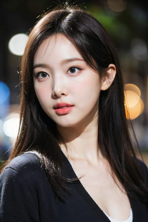 masterpiece, best quality, ultra-detailed, ultra high res, (photorealistic:1.4), raw photo, (realistic:0.2), 8k HDR, realistic night lighting, 1girl, solo,  asymmetrical hair, outdoors, bokeh, (detailed lips), (detailed pores), (detailed skin textures), (detailed face:1.2), (upper body:1.3), cardigans, standing,